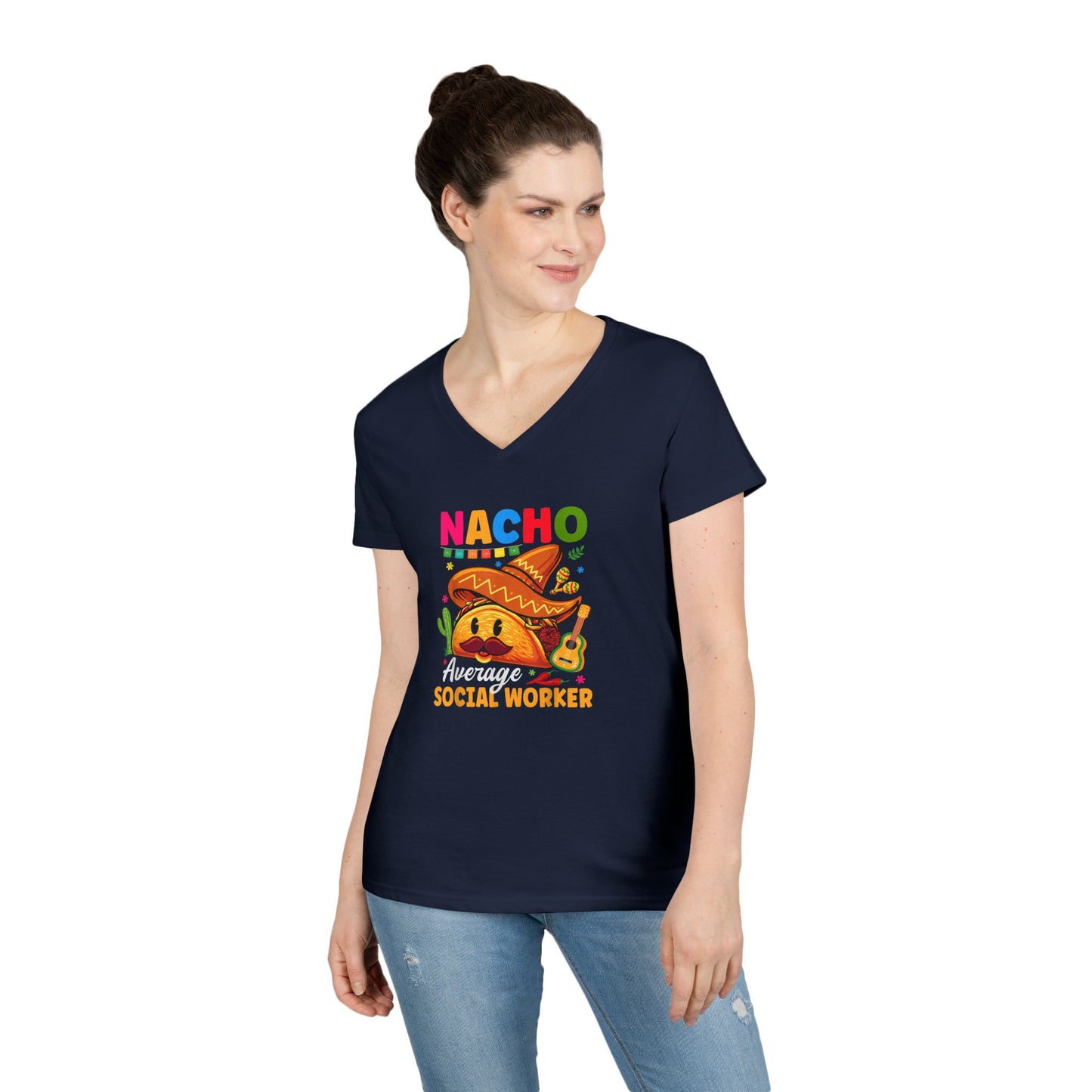 Ladies' V-Neck T-Shirt — "Nacho Average Social Worker" Funny Mexican Food Graphic Tee