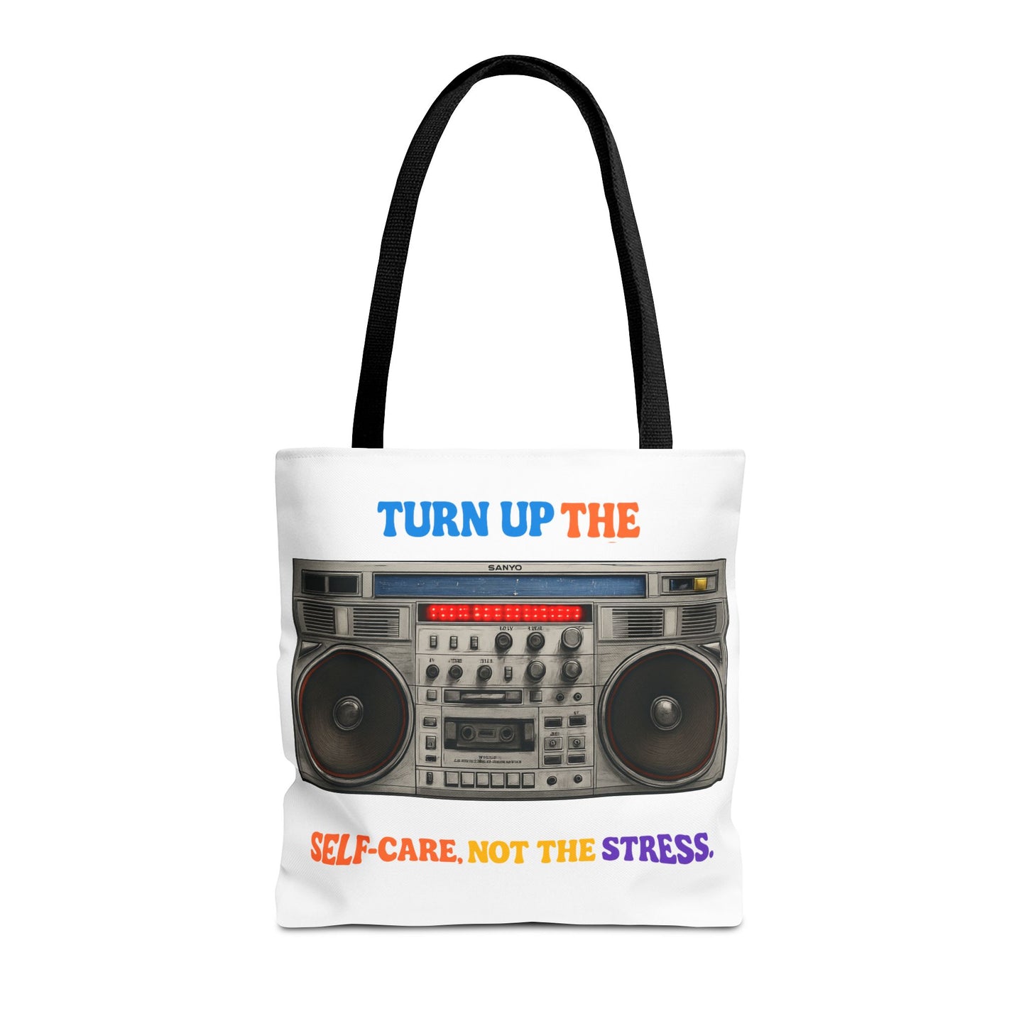 Turn Up the Self-Care Tote Bag — Retro Boombox 'Self-Care, Not the Stress' (Mental Health/Social Worker)