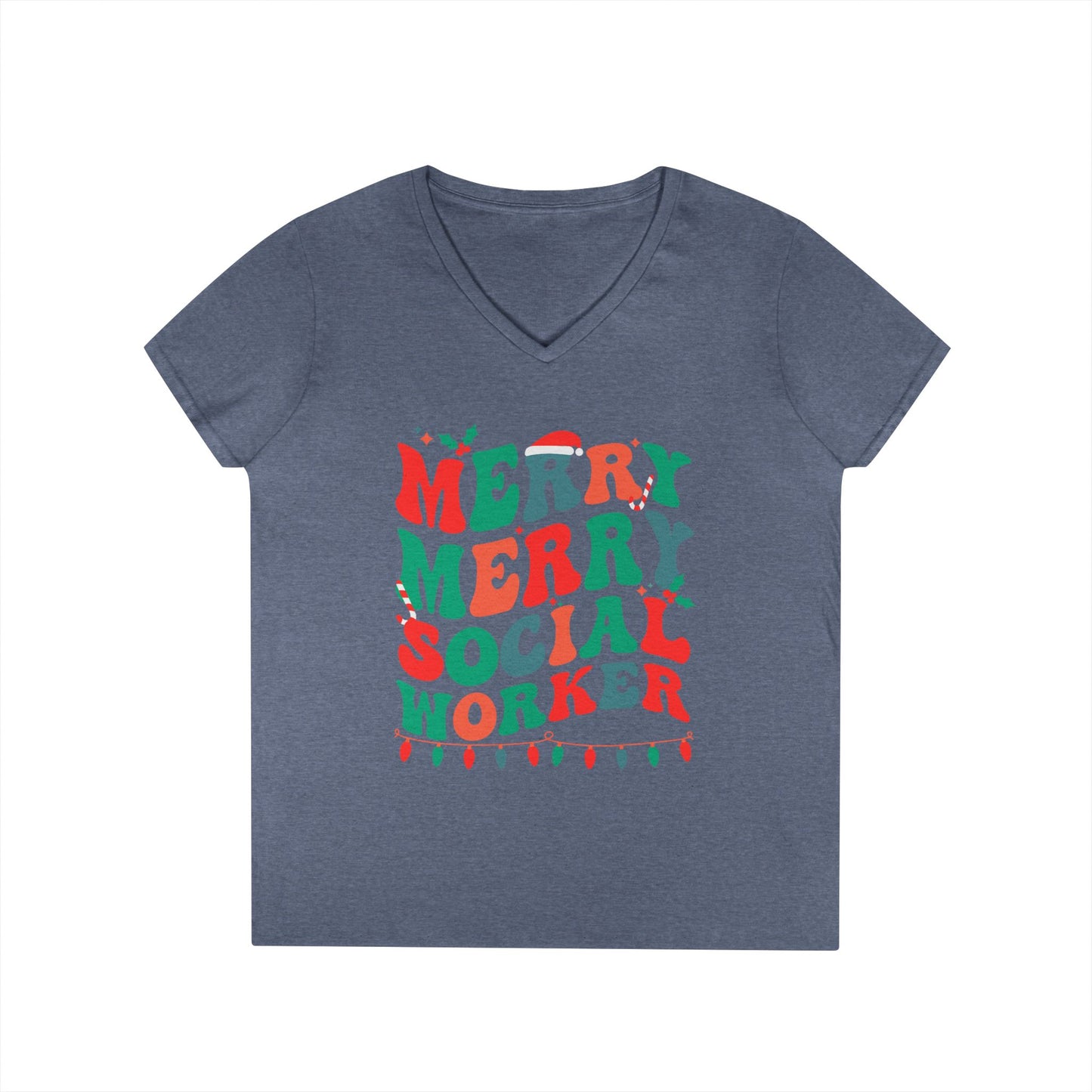 Merry Merry Social Worker V-Neck Tee — Holiday Christmas Shirt for Social Workers