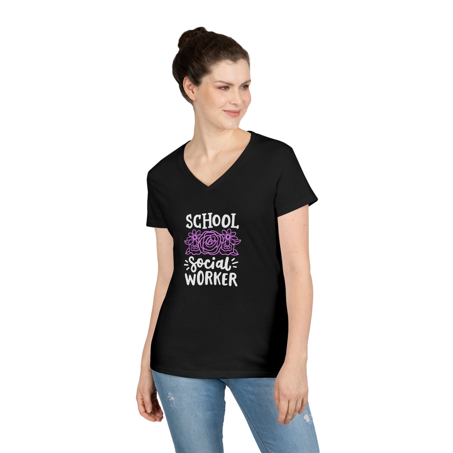 School Social Worker Ladies' V-Neck T-Shirt — Pink Floral Appreciation Gift