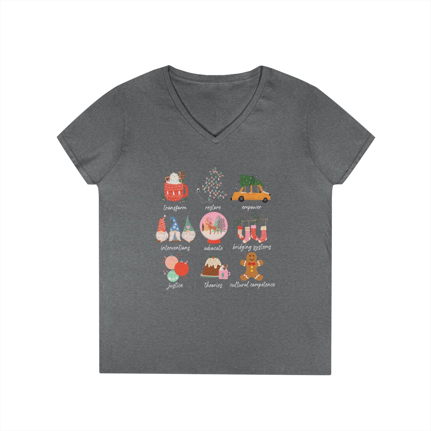 Christmas Icons Ladies' V-Neck T-Shirt — Cute Holiday Graphic Tee (Santa, Tree, Ornaments)