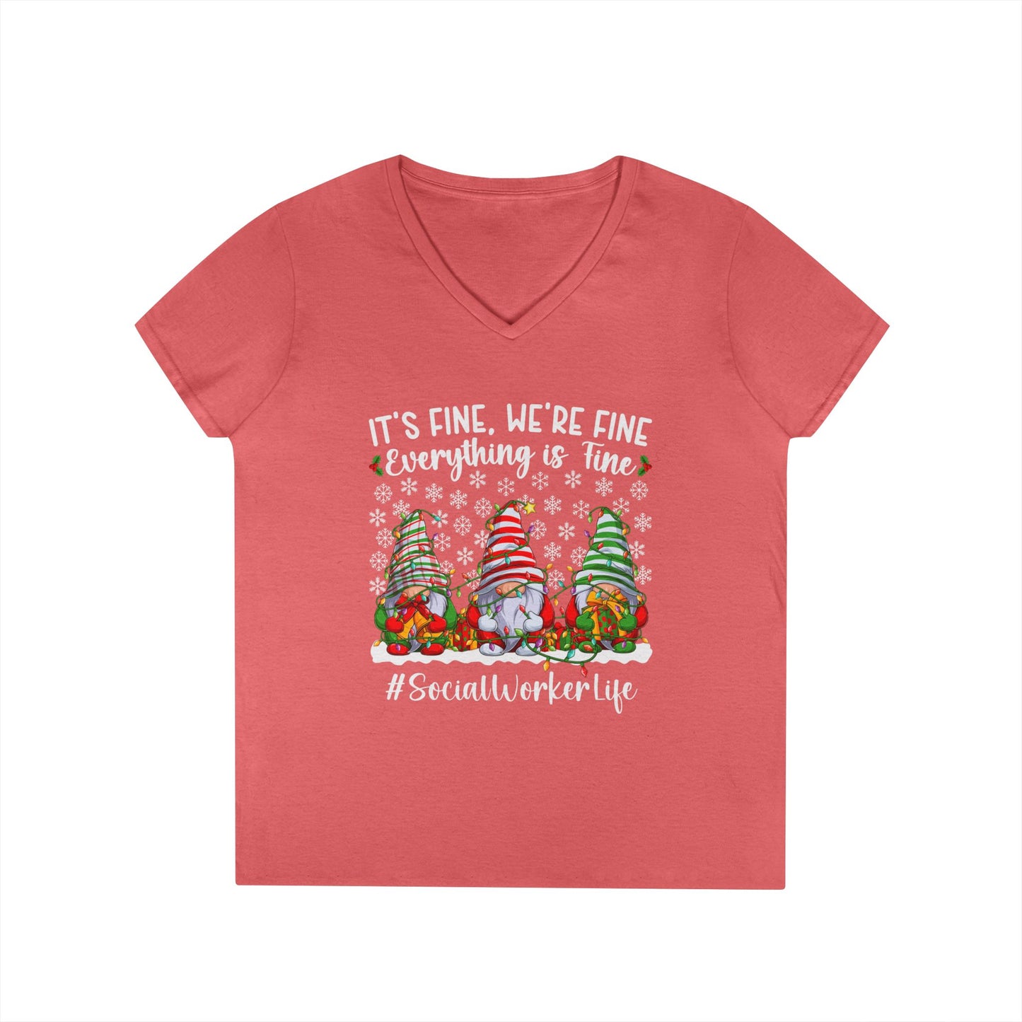 Social Worker Life Christmas V-Neck Tee — "It's Fine, We're Fine" Gnome Holiday Shirt