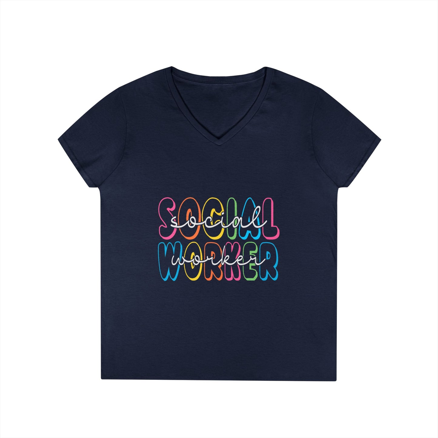 Social Worker V-Neck T-Shirt — Colorful Retro Script Women’s Tee