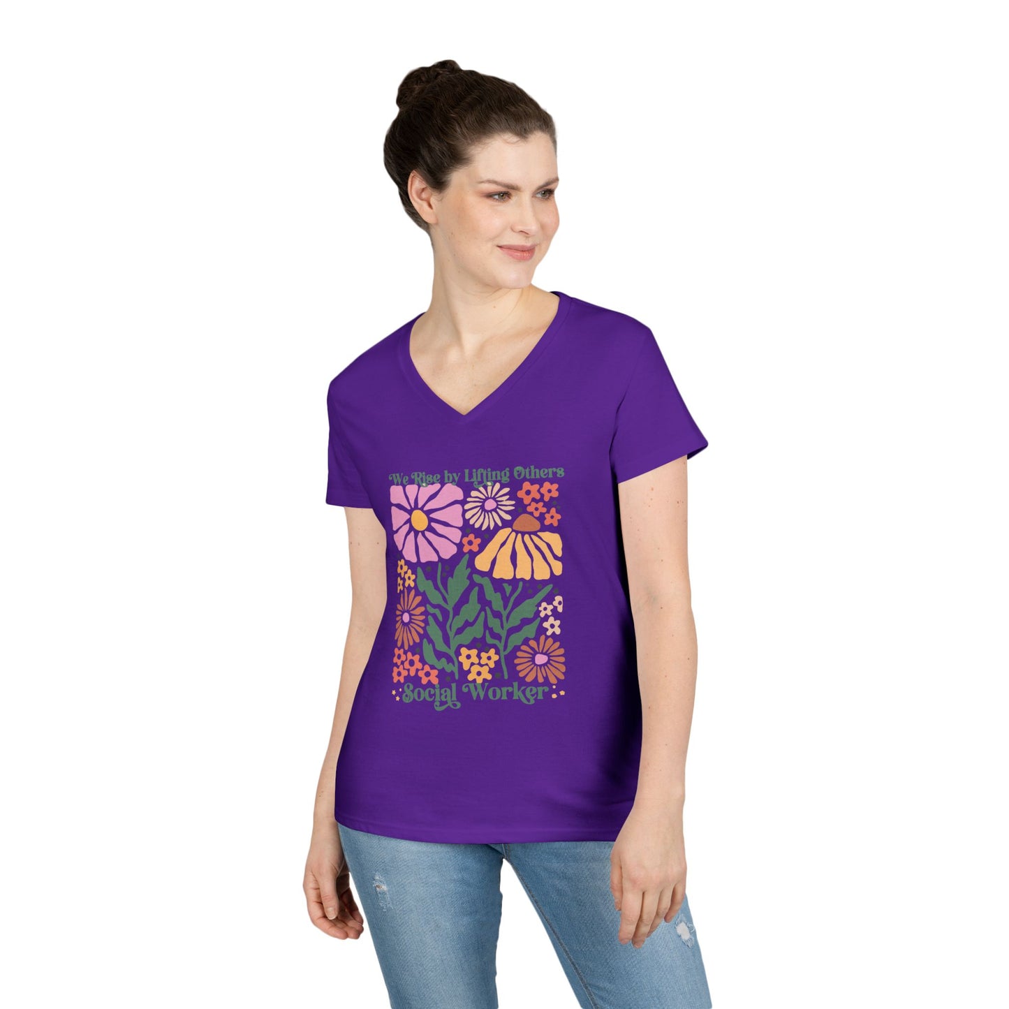 Social Worker Floral V-Neck T‑Shirt — "We Rise by Lifting Others"