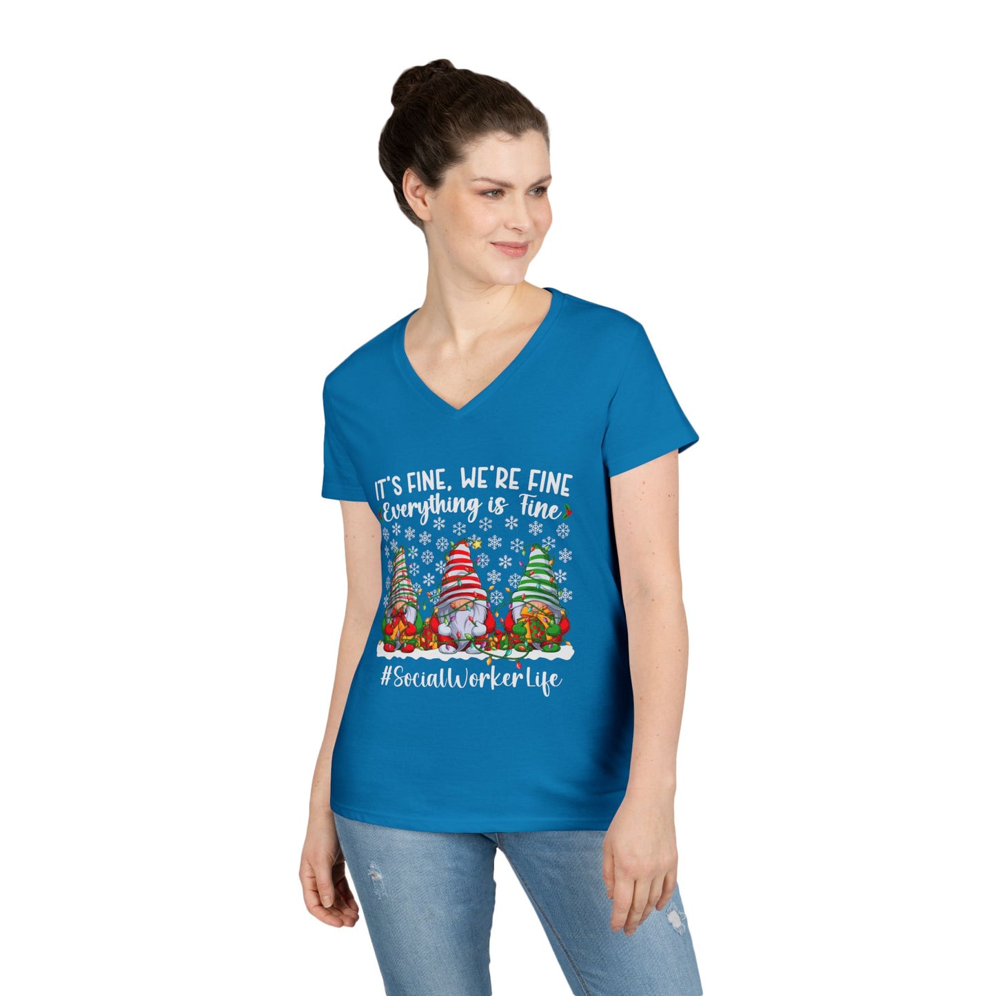 Social Worker Life Christmas V-Neck Tee — "It's Fine, We're Fine" Gnome Holiday Shirt