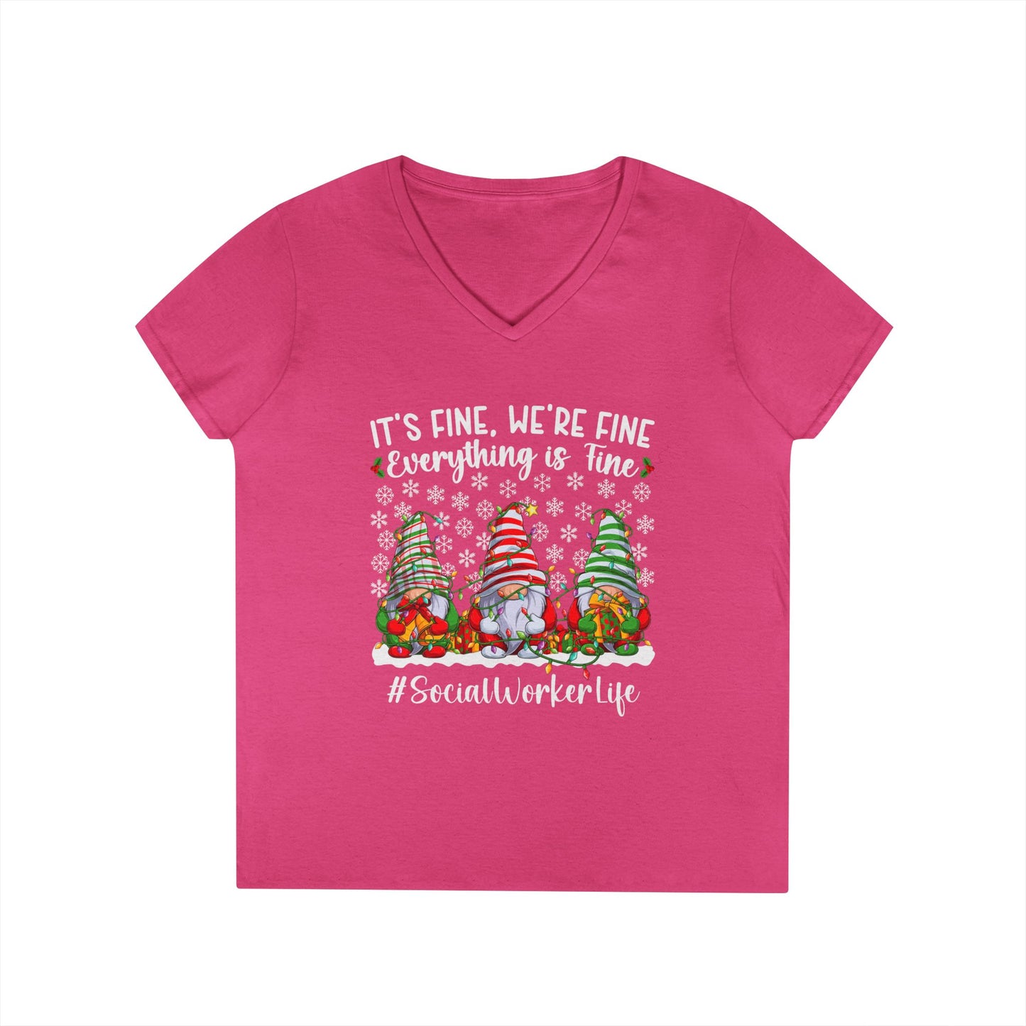 Social Worker Life Christmas V-Neck Tee — "It's Fine, We're Fine" Gnome Holiday Shirt