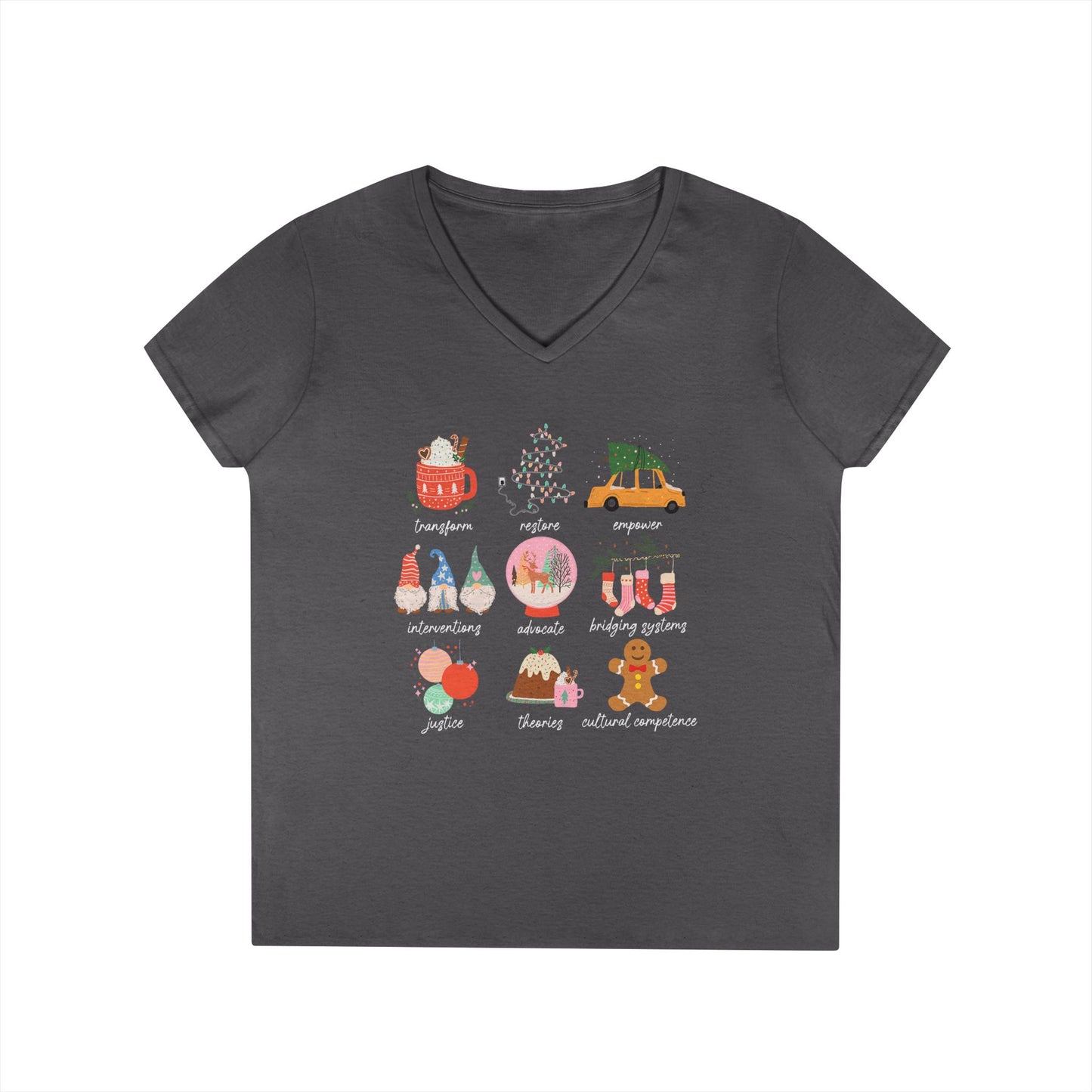 Christmas Icons Ladies' V-Neck T-Shirt — Cute Holiday Graphic Tee (Santa, Tree, Ornaments)