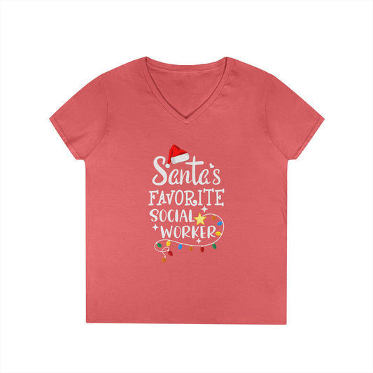 Santa’s Favorite Social Worker V-Neck Tee — Christmas Holiday Gift for Female Social Workers