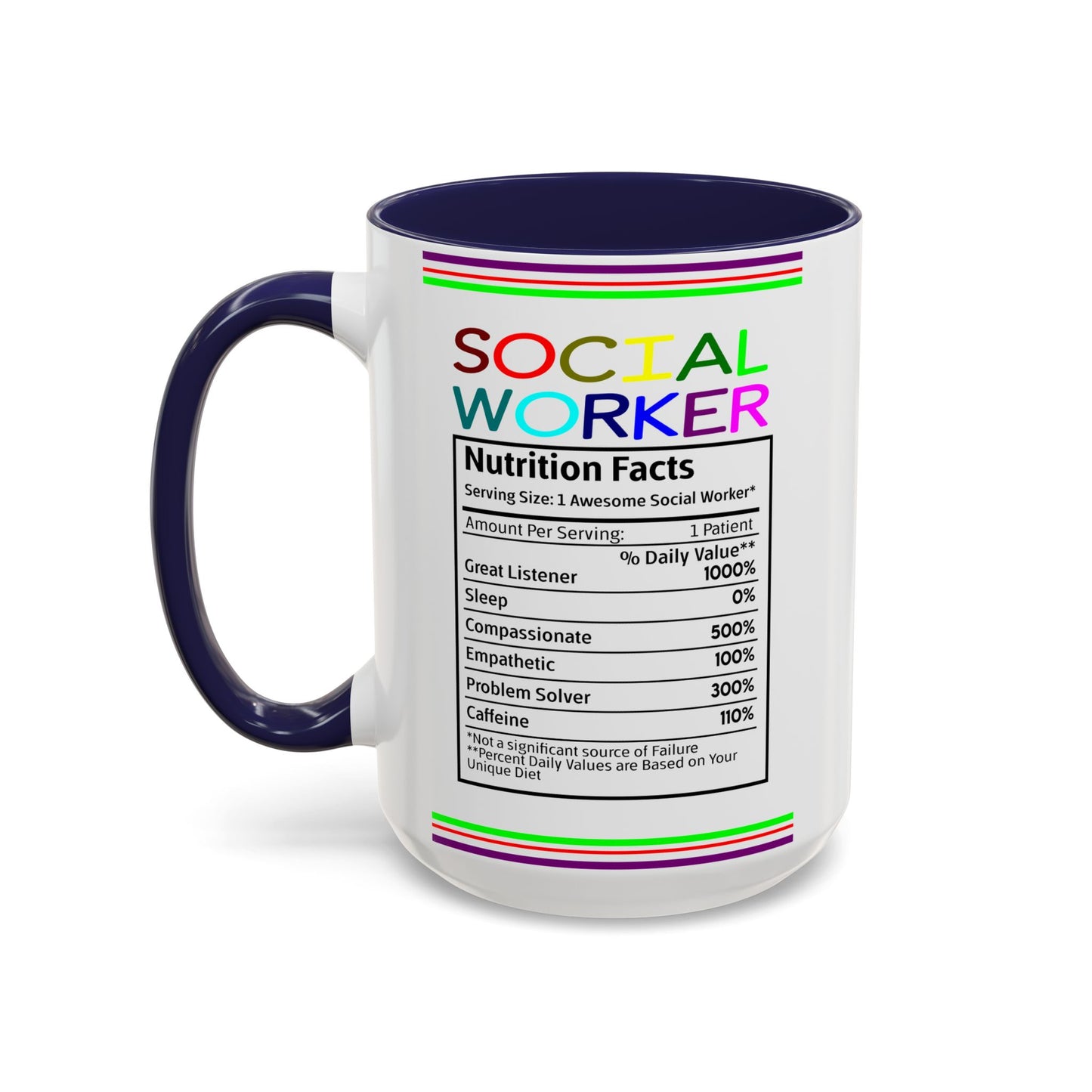 Social Worker Coffee Mug — Colorful Accent Mug with ‘Social Worker Ingredients’ Text (15oz)