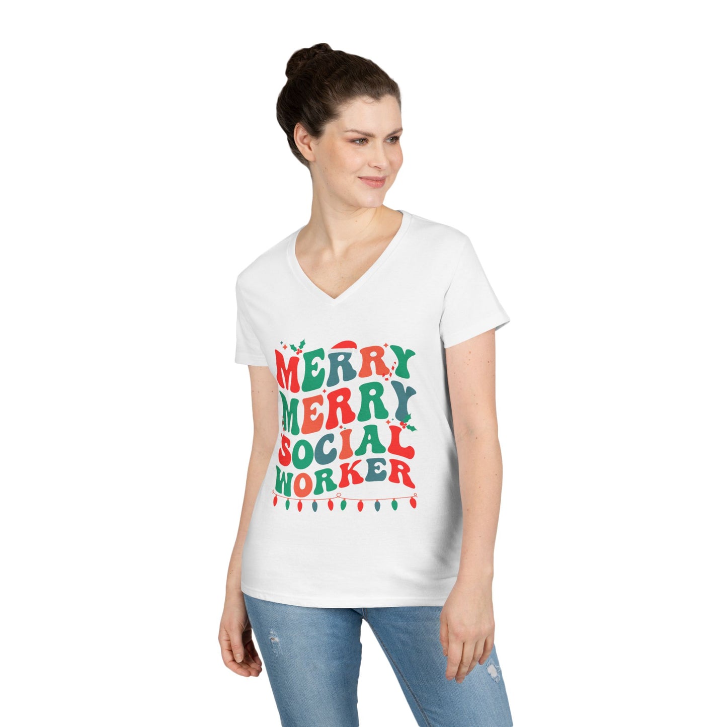 Merry Merry Social Worker V-Neck Tee — Holiday Christmas Shirt for Social Workers
