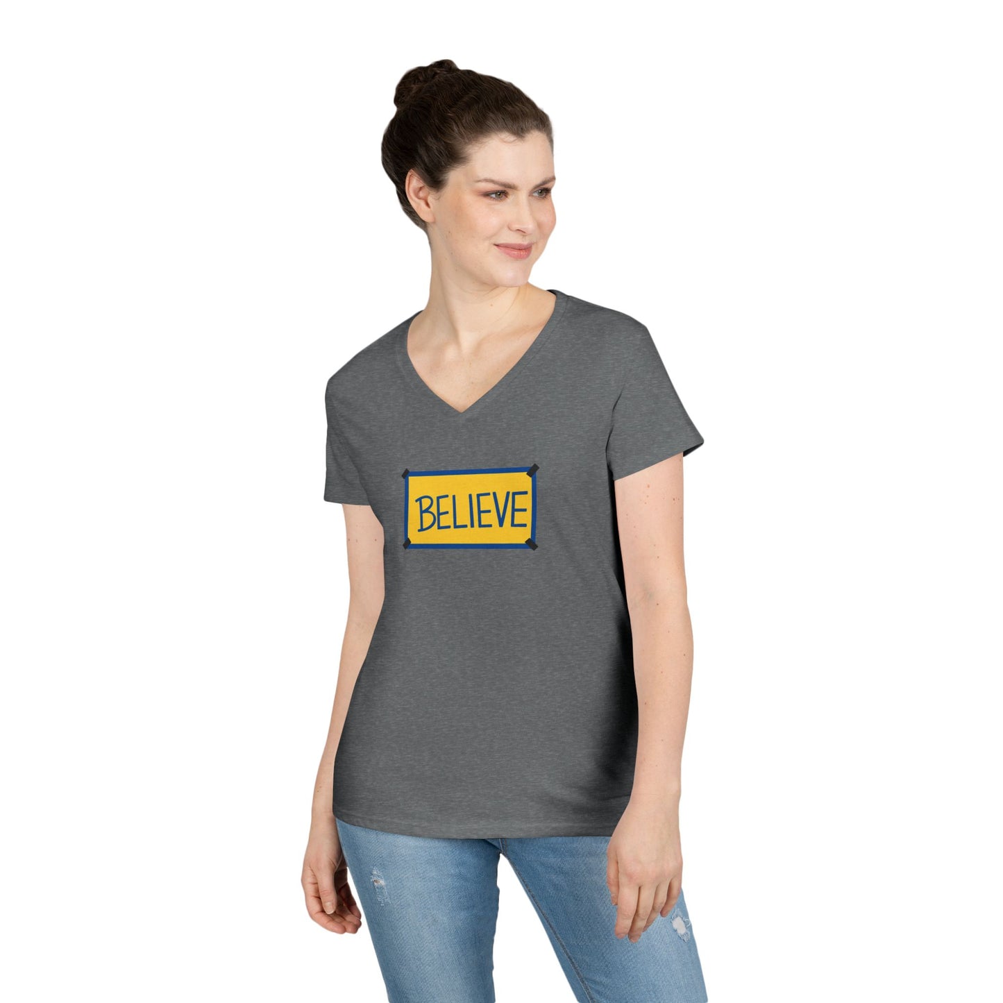 Believe Ladies' V-Neck Tee — Inspirational Graphic T-Shirt for Women (Social Worker/Mental Health)