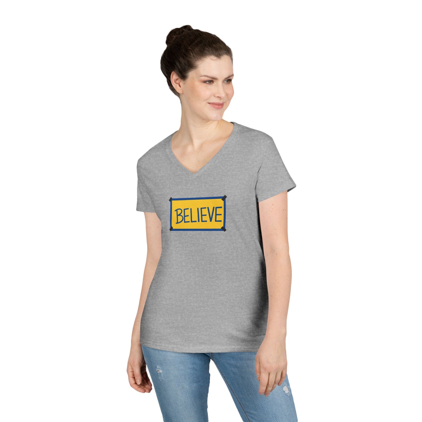 Believe Ladies' V-Neck Tee — Inspirational Graphic T-Shirt for Women (Social Worker/Mental Health)