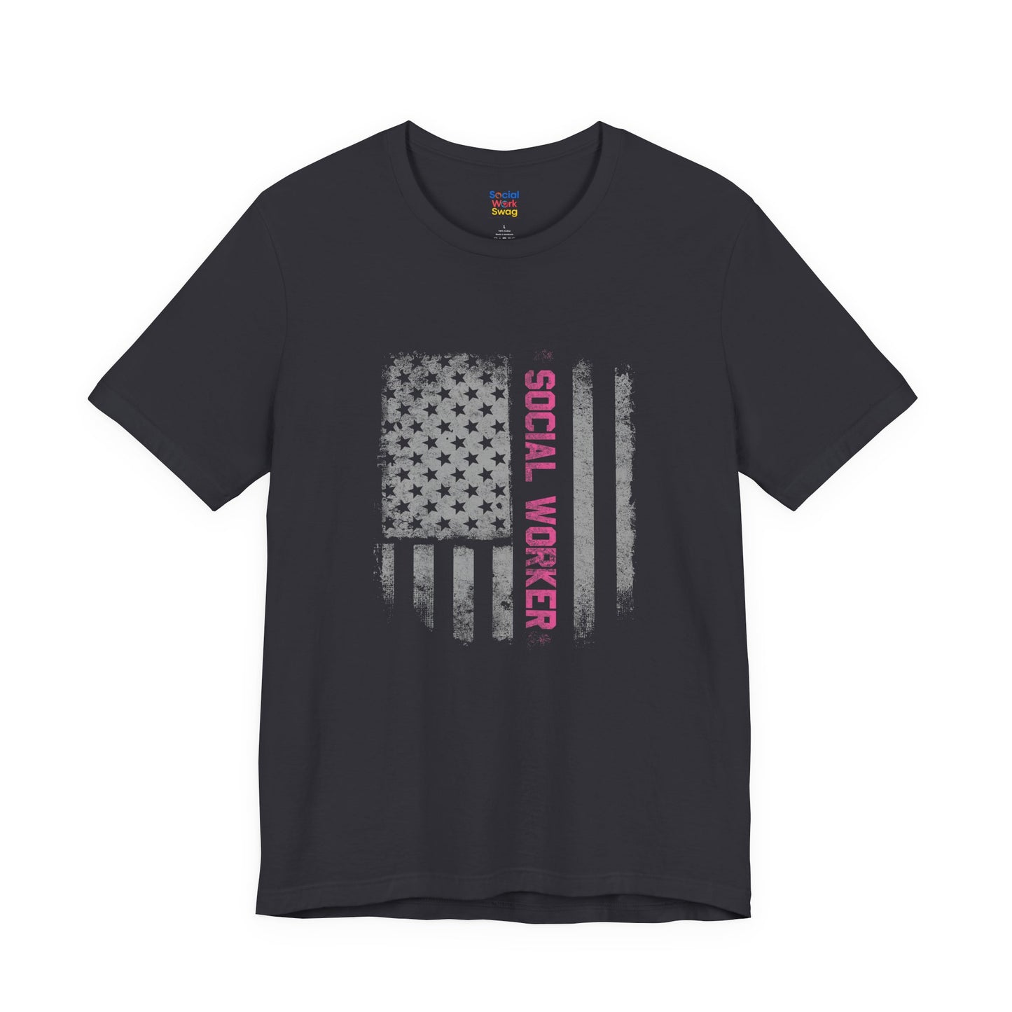 Unisex-Social Worker American Flag T-Shirt — Distressed Gray & Pink Honor Tee