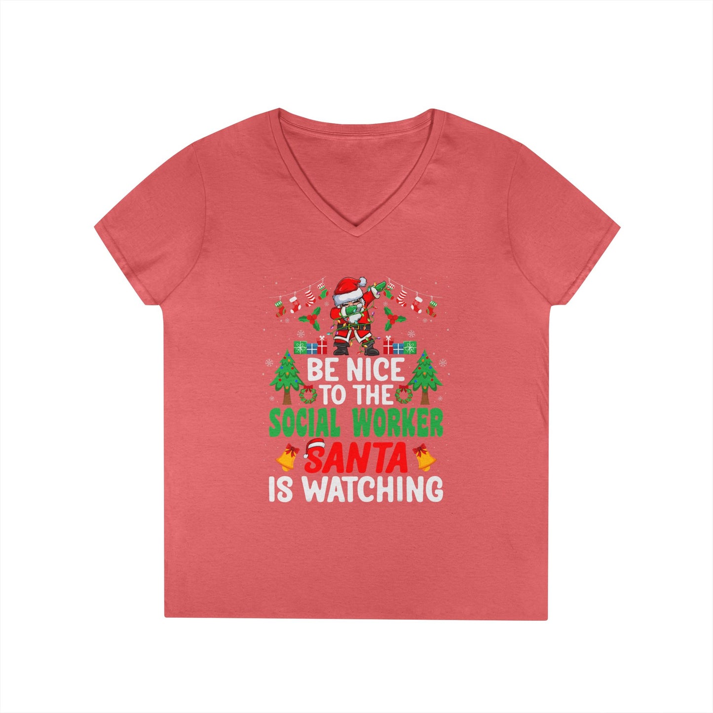 Social Worker Christmas V-Neck Tee — "Be Nice to the Social Worker Santa Is Watching"