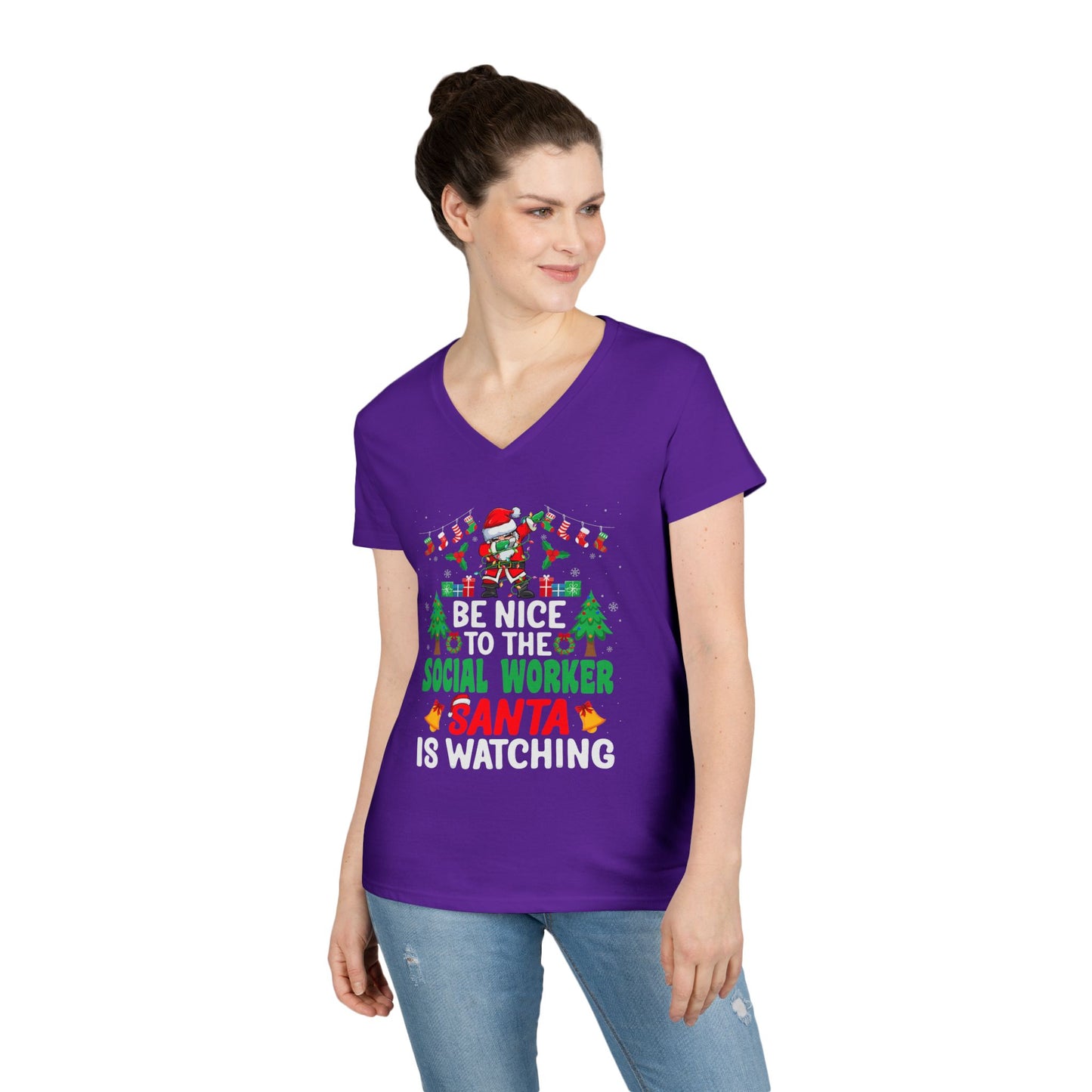 Social Worker Christmas V-Neck Tee — "Be Nice to the Social Worker Santa Is Watching"