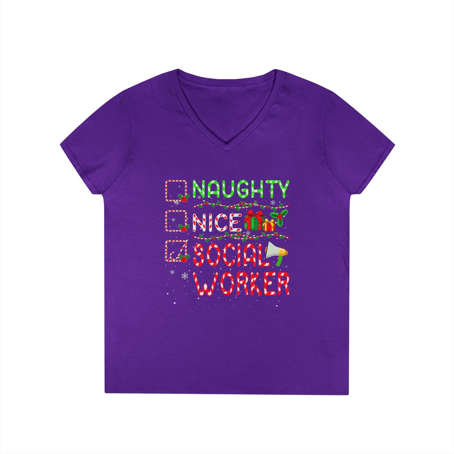 Social Worker Christmas V-Neck T-Shirt — Naughty Nice Social Worker Holiday Tee