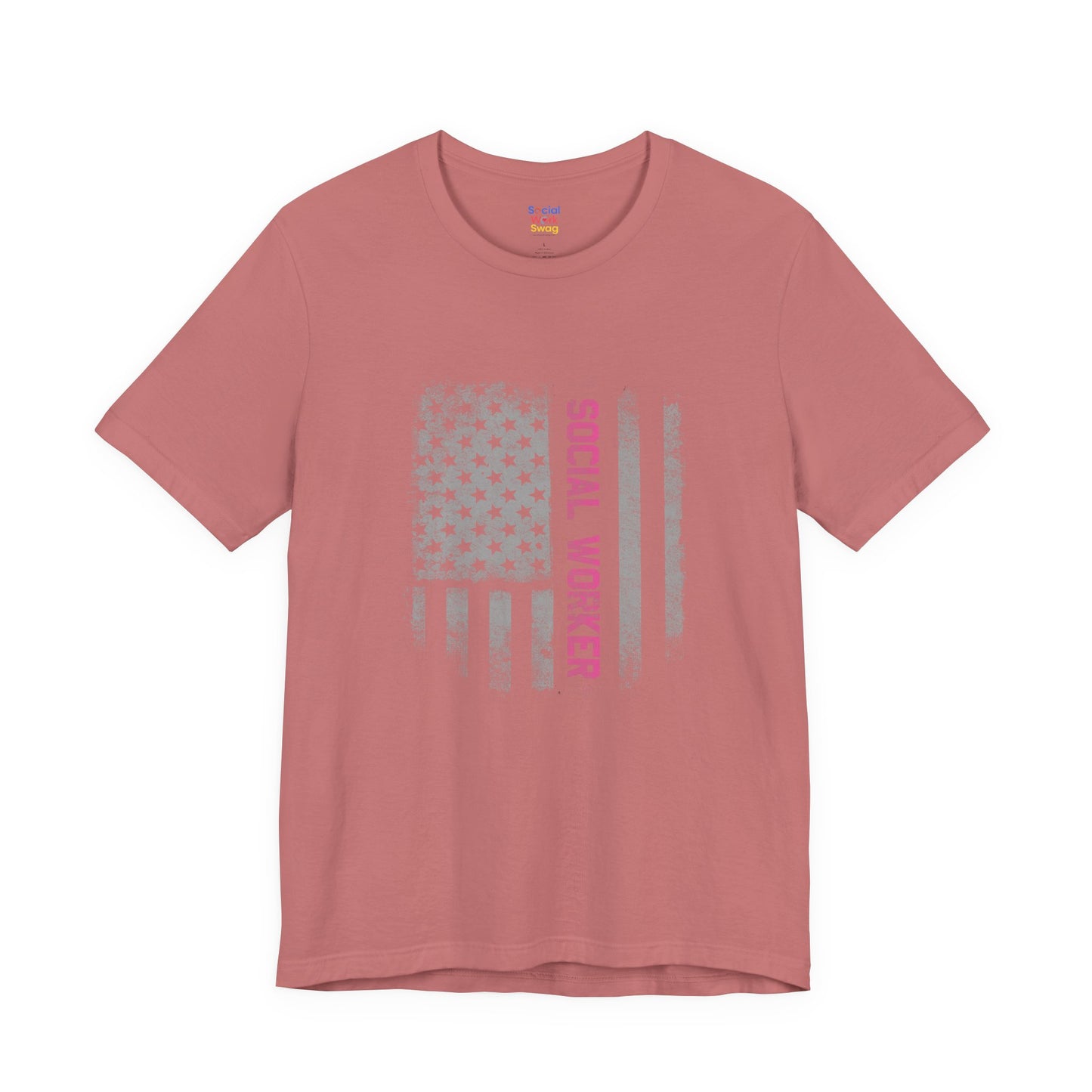Unisex-Social Worker American Flag T-Shirt — Distressed Gray & Pink Honor Tee