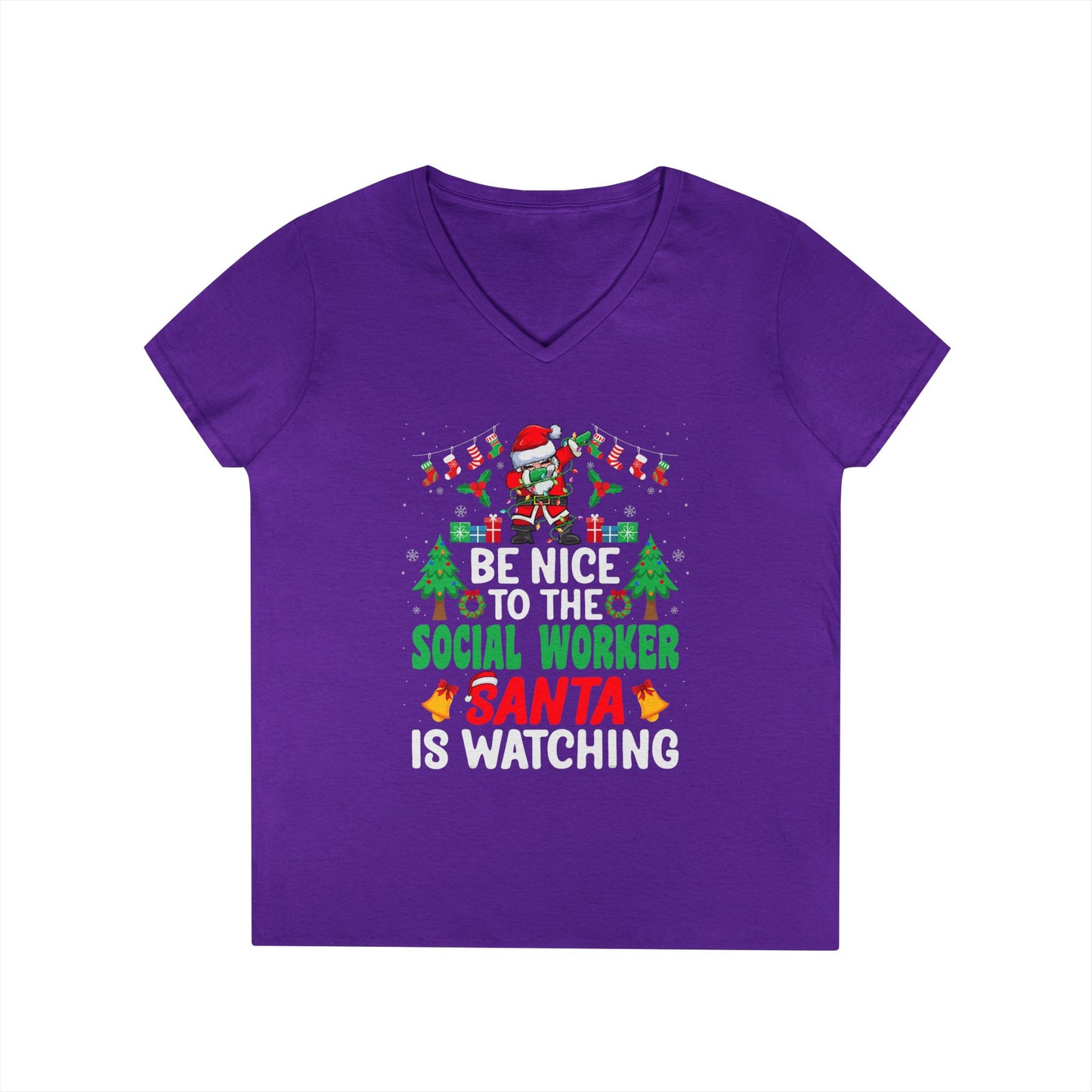 Social Worker Christmas V-Neck Tee — "Be Nice to the Social Worker Santa Is Watching"