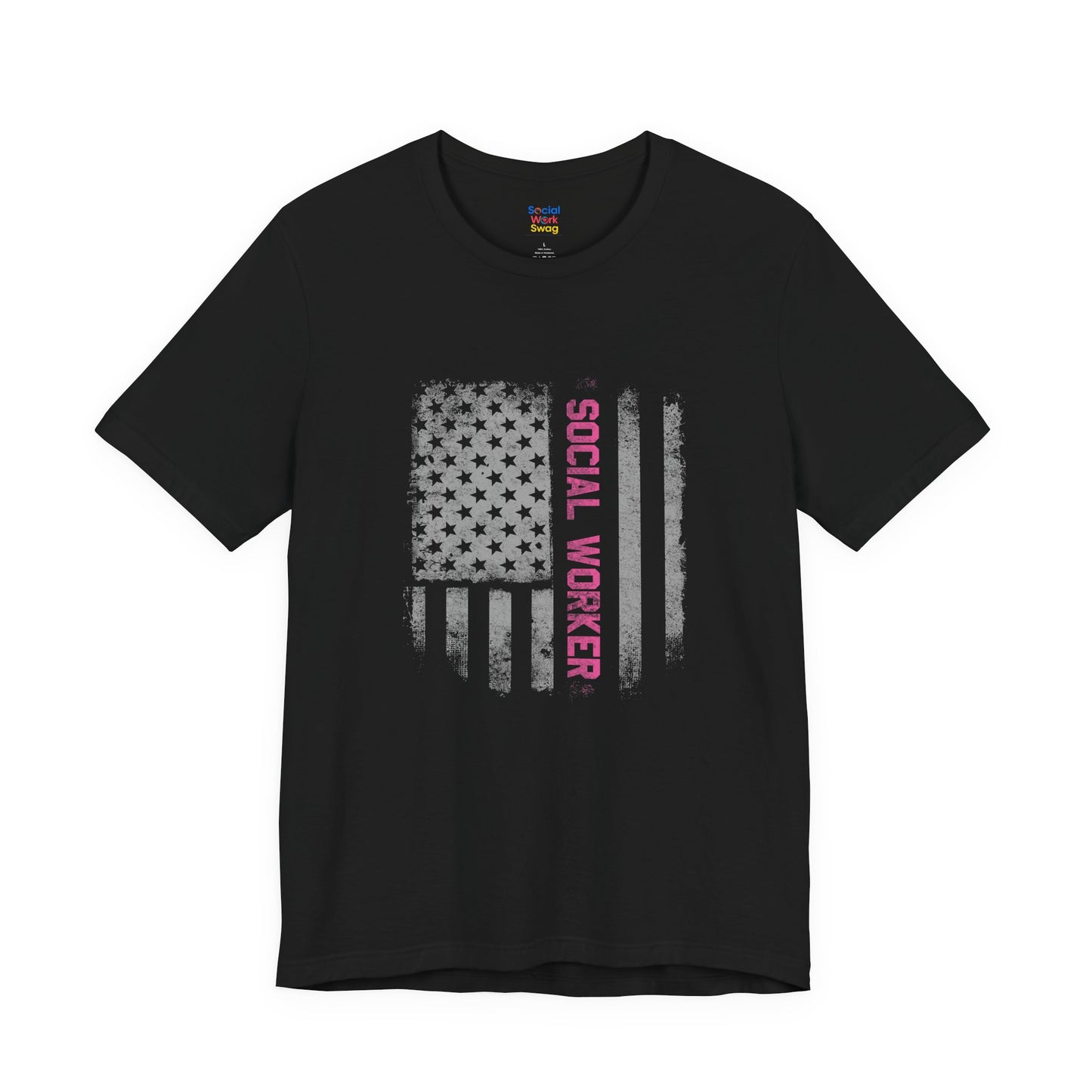 Unisex-Social Worker American Flag T-Shirt — Distressed Gray & Pink Honor Tee