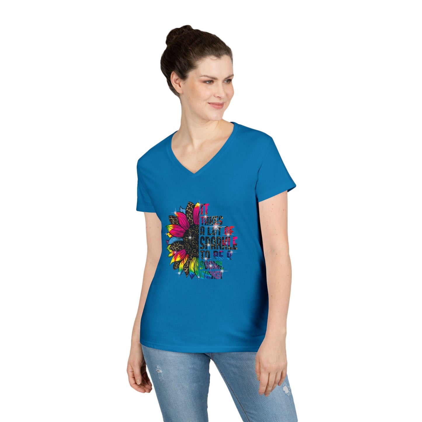Social Worker V-Neck T-Shirt - "It Takes A Lot Of Sparkle To Be A Social Worker" Colorful Floral Design