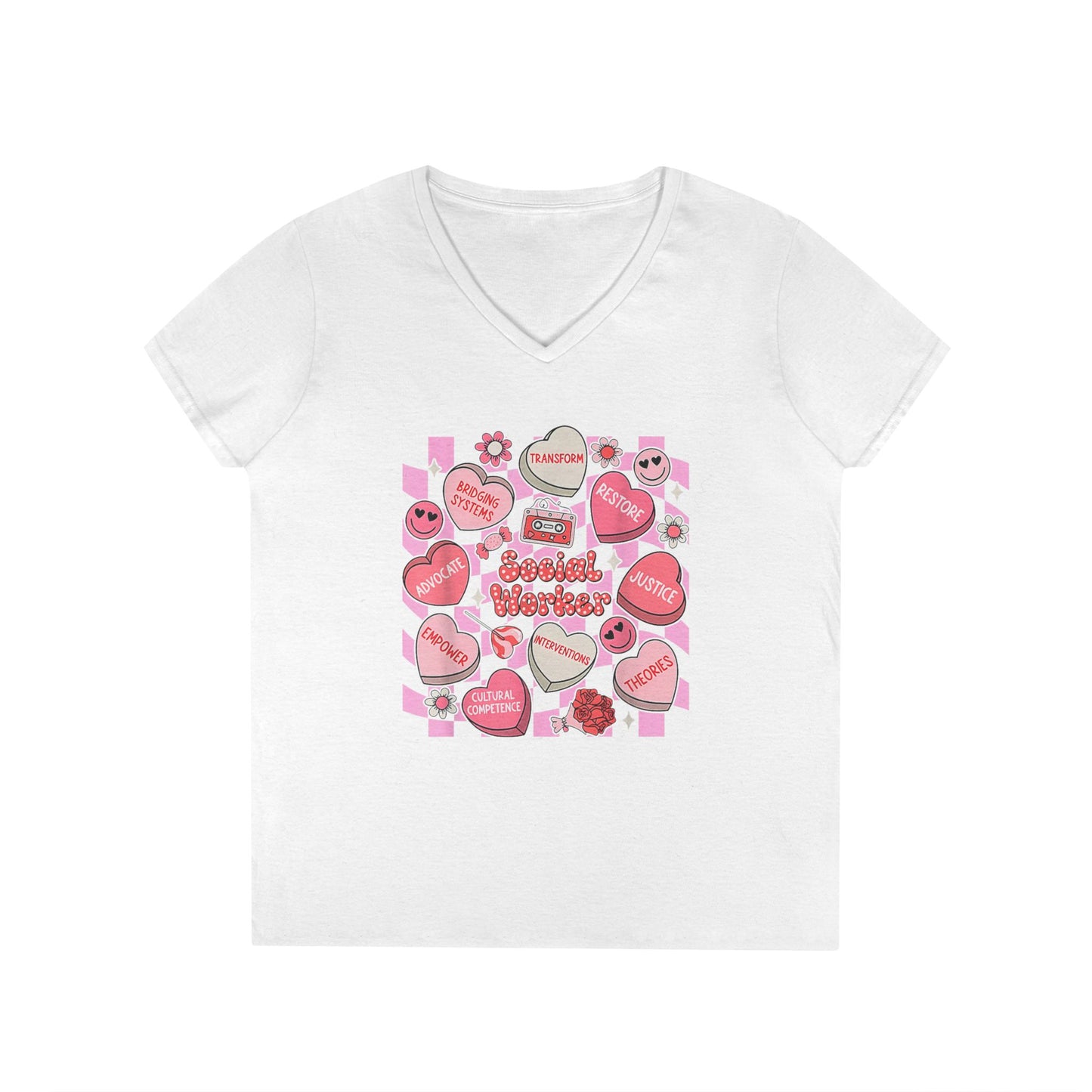 Valentine Candy Hearts Ladies' V-Neck T-Shirt — Sweetheart Messages Graphic Tee - Social Worker