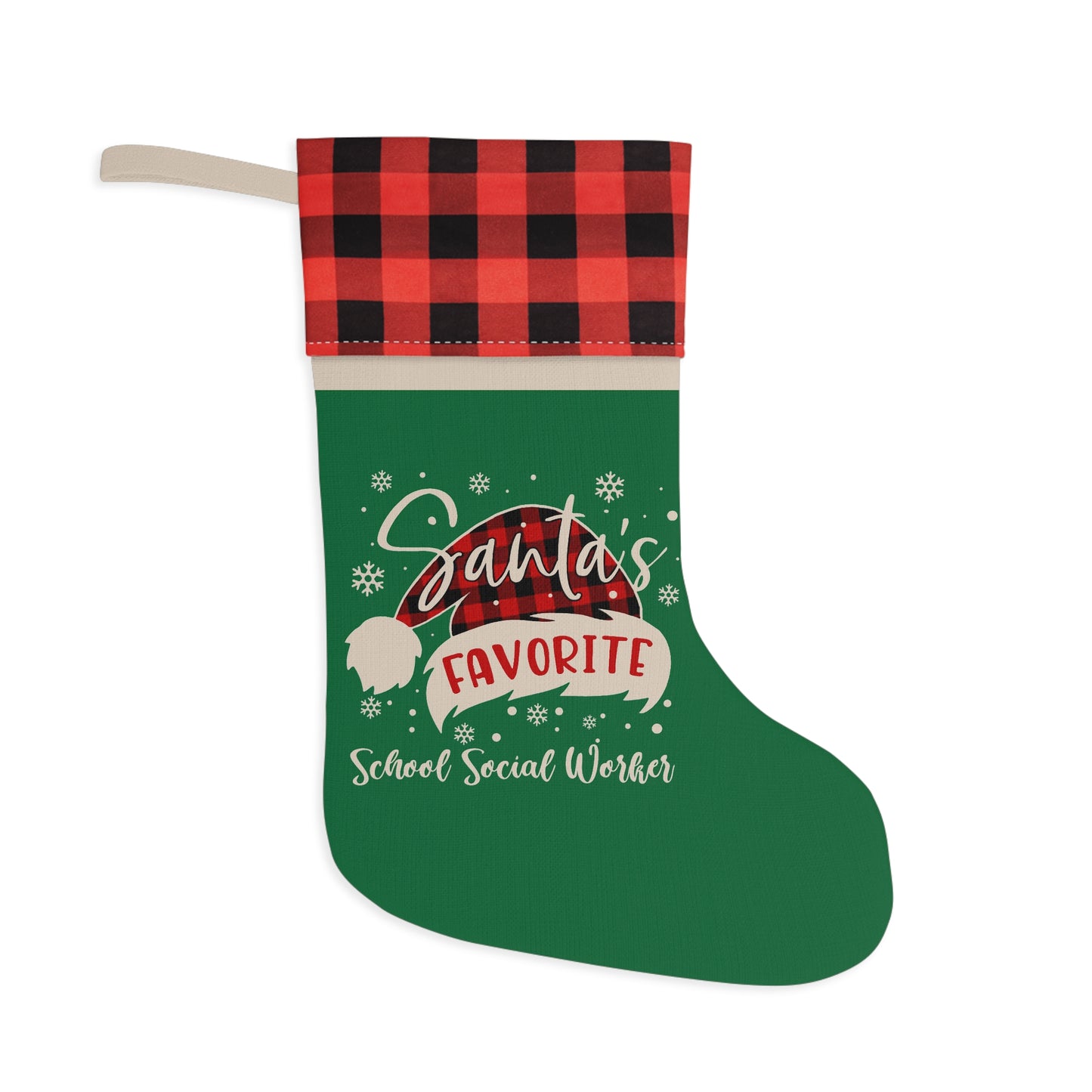Green Buffalo Plaid Christmas Stocking – "Santa's Favorite School Social Worker"