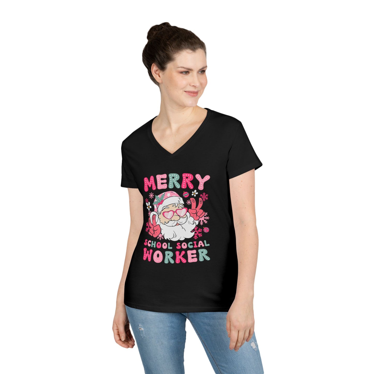 Merry School Social Worker V-Neck Tee — Cute Santa Holiday Shirt for Female Educators