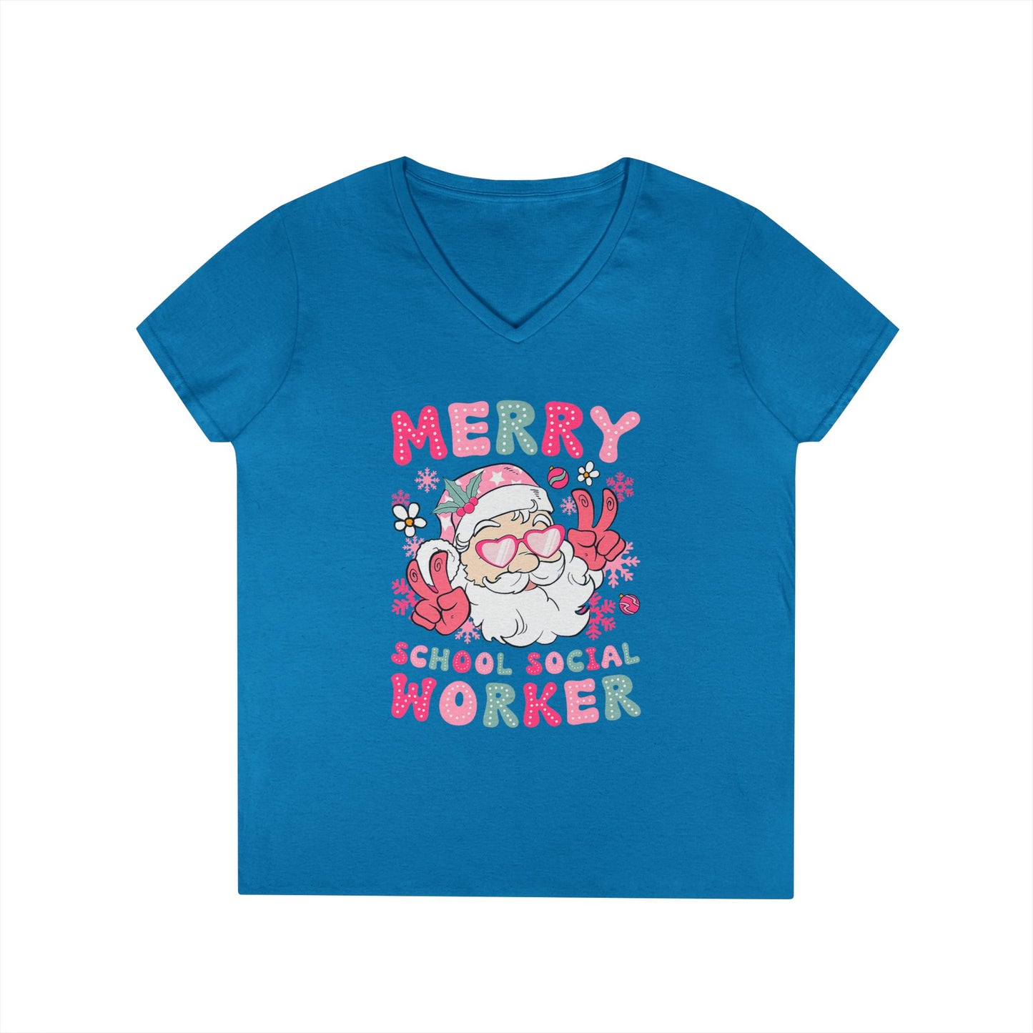 Merry School Social Worker V-Neck Tee — Cute Santa Holiday Shirt for Female Educators