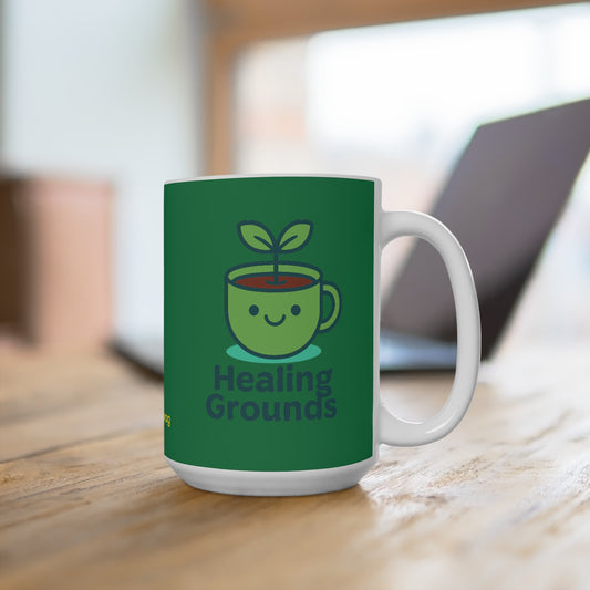 Healing Grounds Mug — 15oz Green Ceramic Coffee Cup with Plant-Love Design