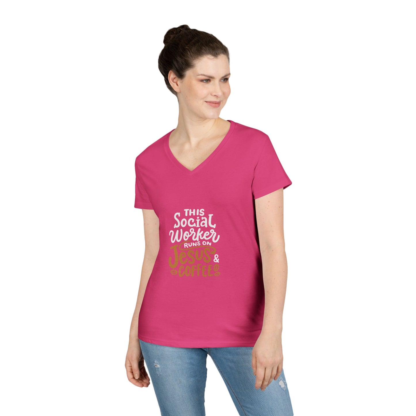 Ladies' V-Neck T-Shirt — "This Social Worker Runs on Jesus & Coffee" Christian Social Worker Tee