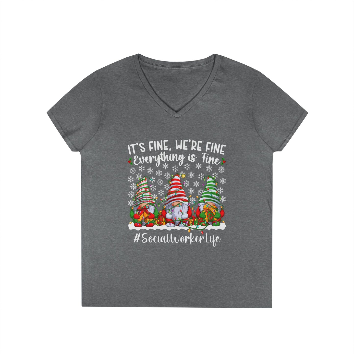 Social Worker Life Christmas V-Neck Tee — "It's Fine, We're Fine" Gnome Holiday Shirt