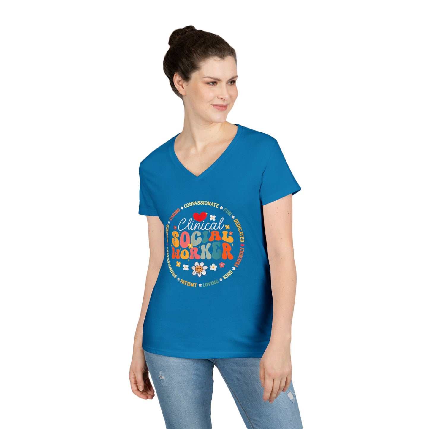 Clinical Social Worker V-Neck T-Shirt — Retro Floral Appreciation Tee