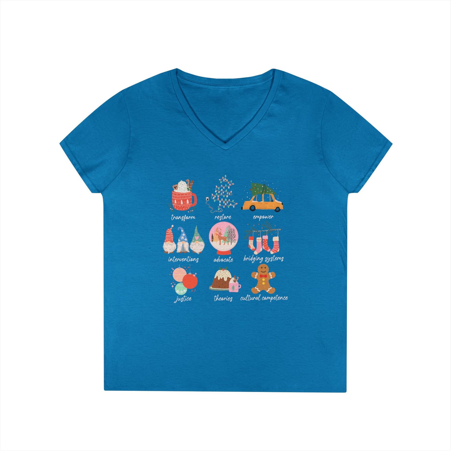 Christmas Icons Ladies' V-Neck T-Shirt — Cute Holiday Graphic Tee (Santa, Tree, Ornaments)