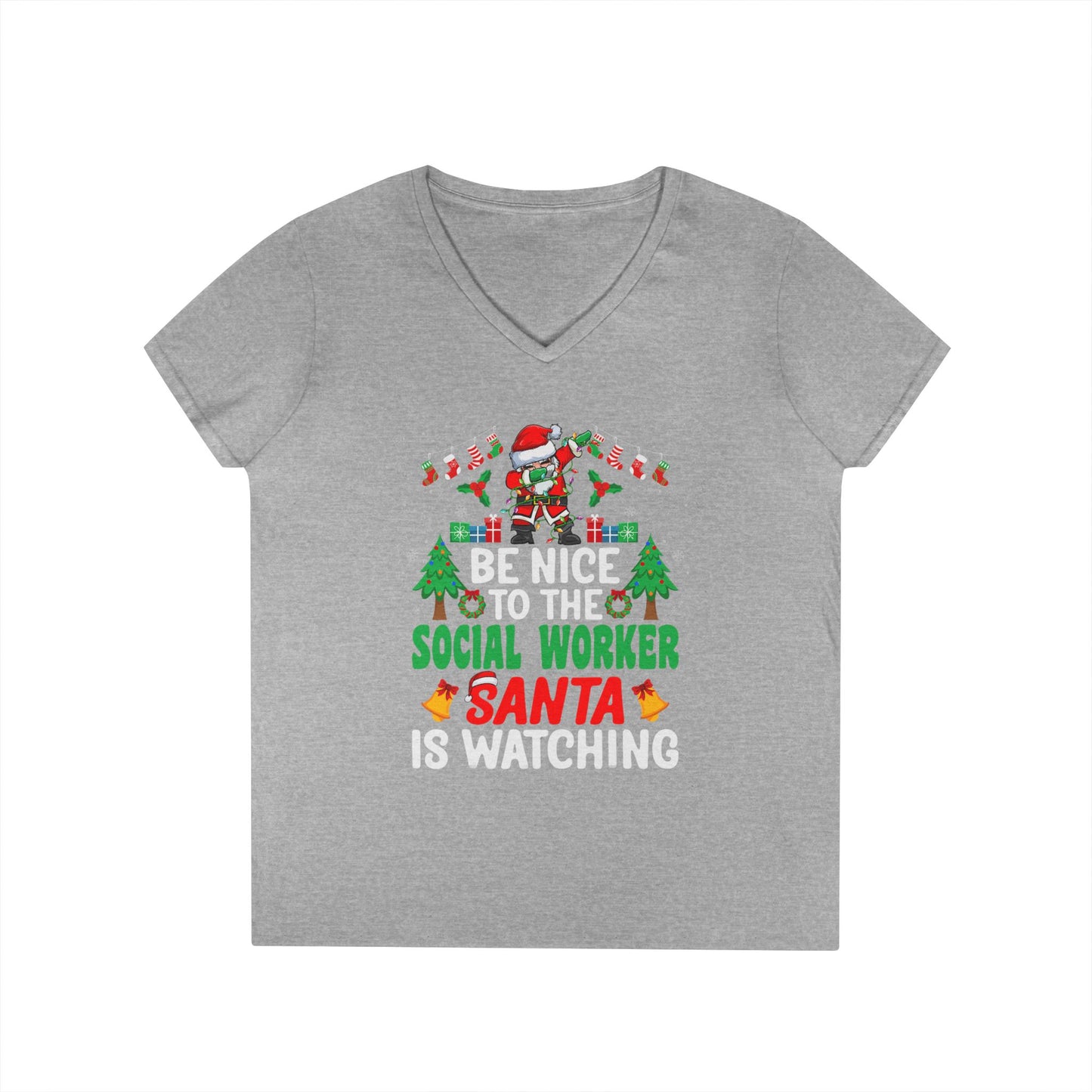 Social Worker Christmas V-Neck Tee — "Be Nice to the Social Worker Santa Is Watching"
