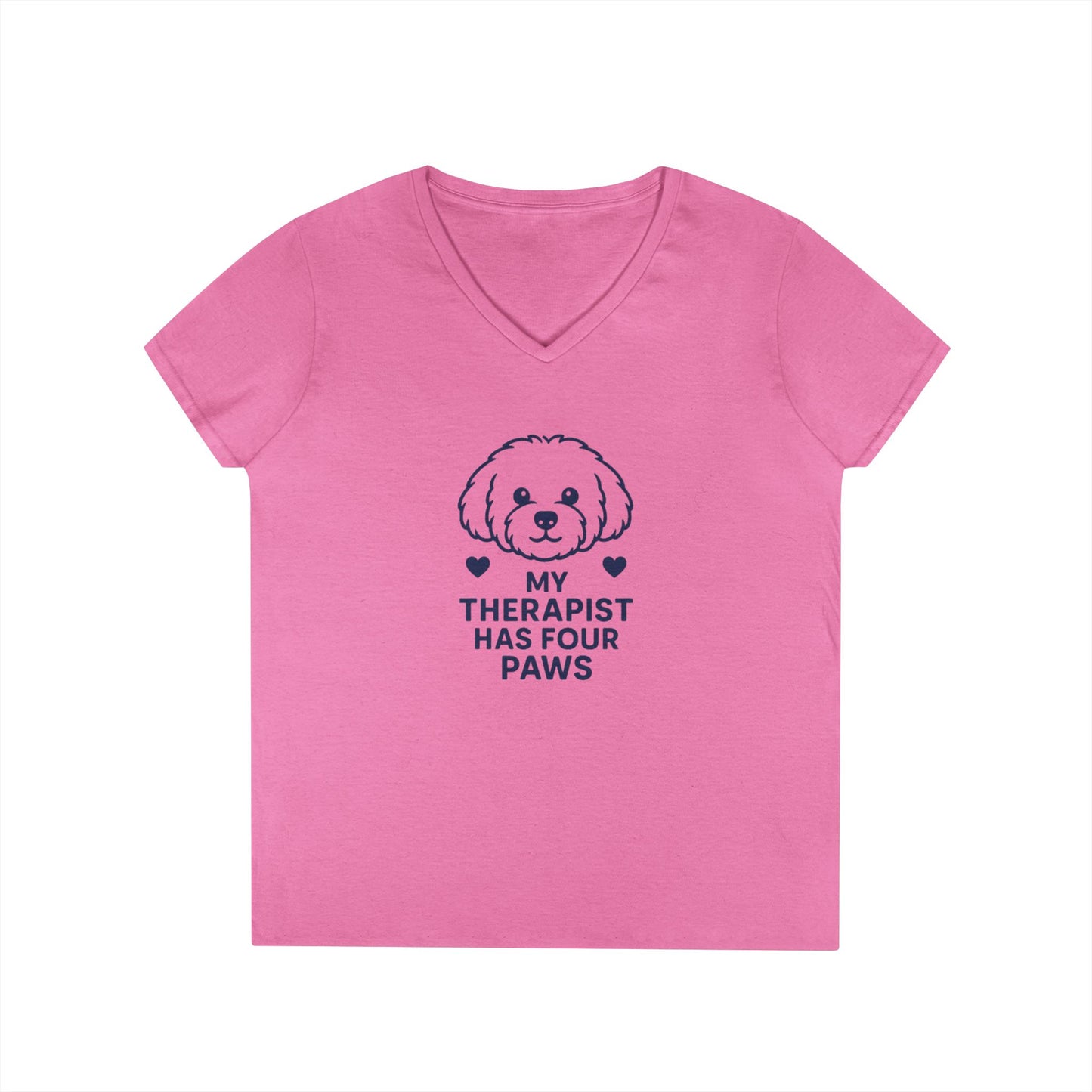 Dog Lover V-Neck Pet Tee — “My Therapist Has Four Paws” Women’s T‑Shirt