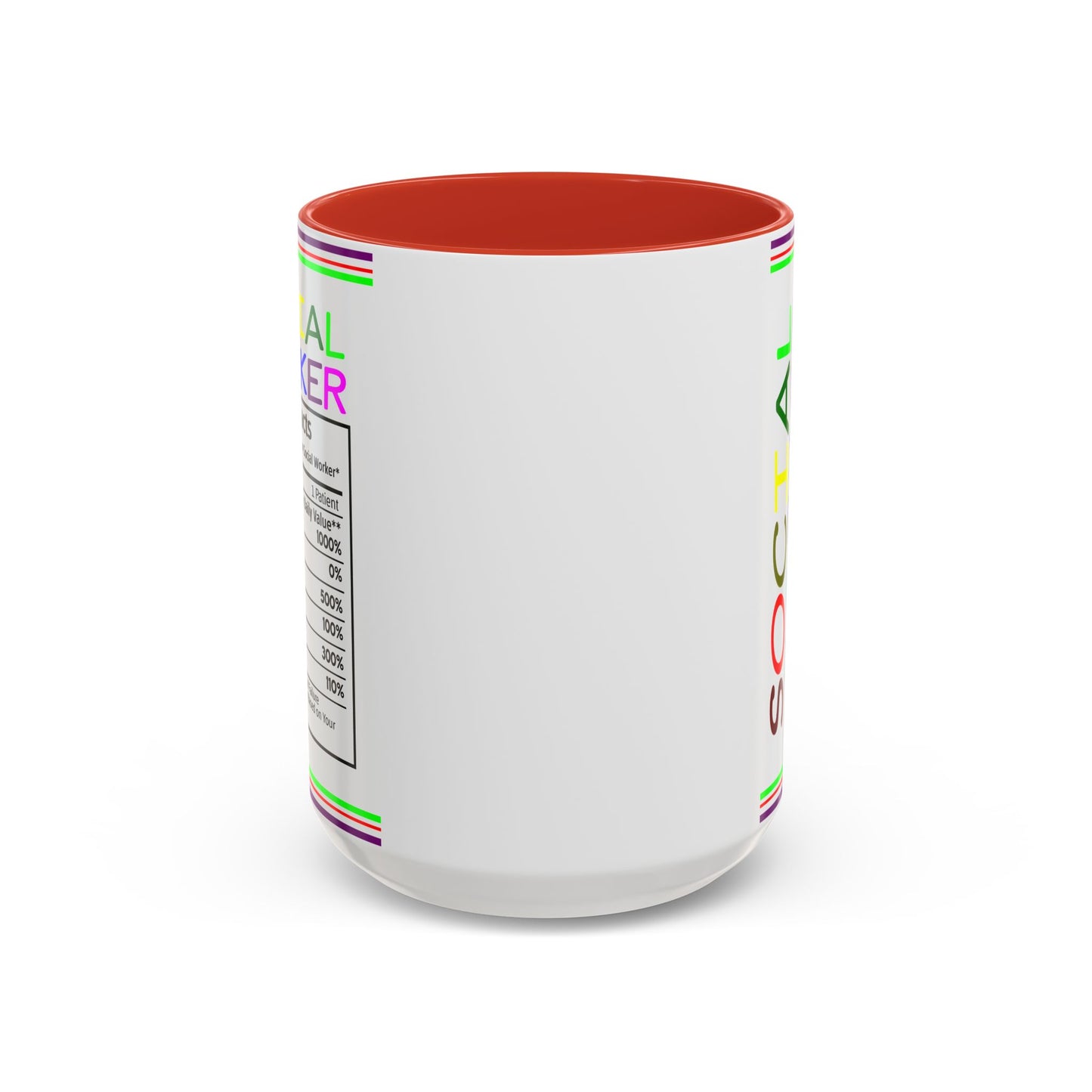 Social Worker Coffee Mug — Colorful Accent Mug with ‘Social Worker Ingredients’ Text (15oz)