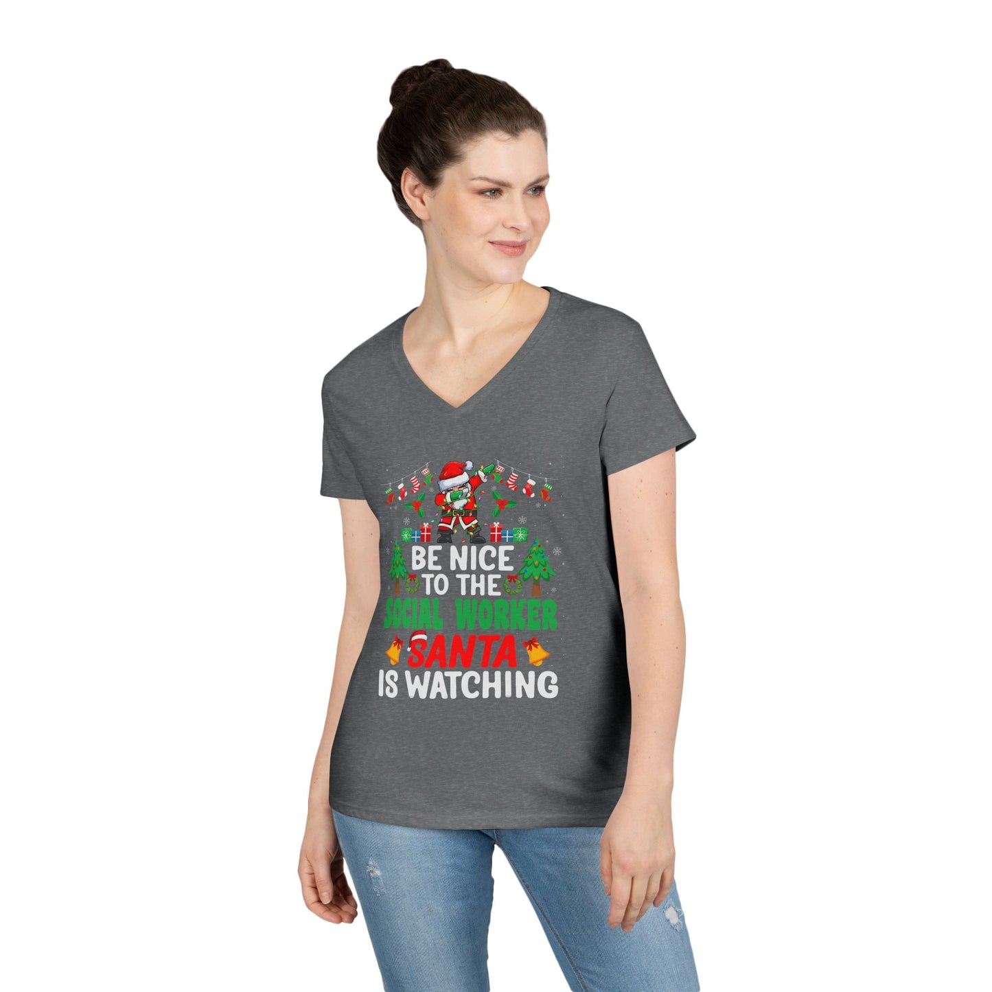 Social Worker Christmas V-Neck Tee — "Be Nice to the Social Worker Santa Is Watching"