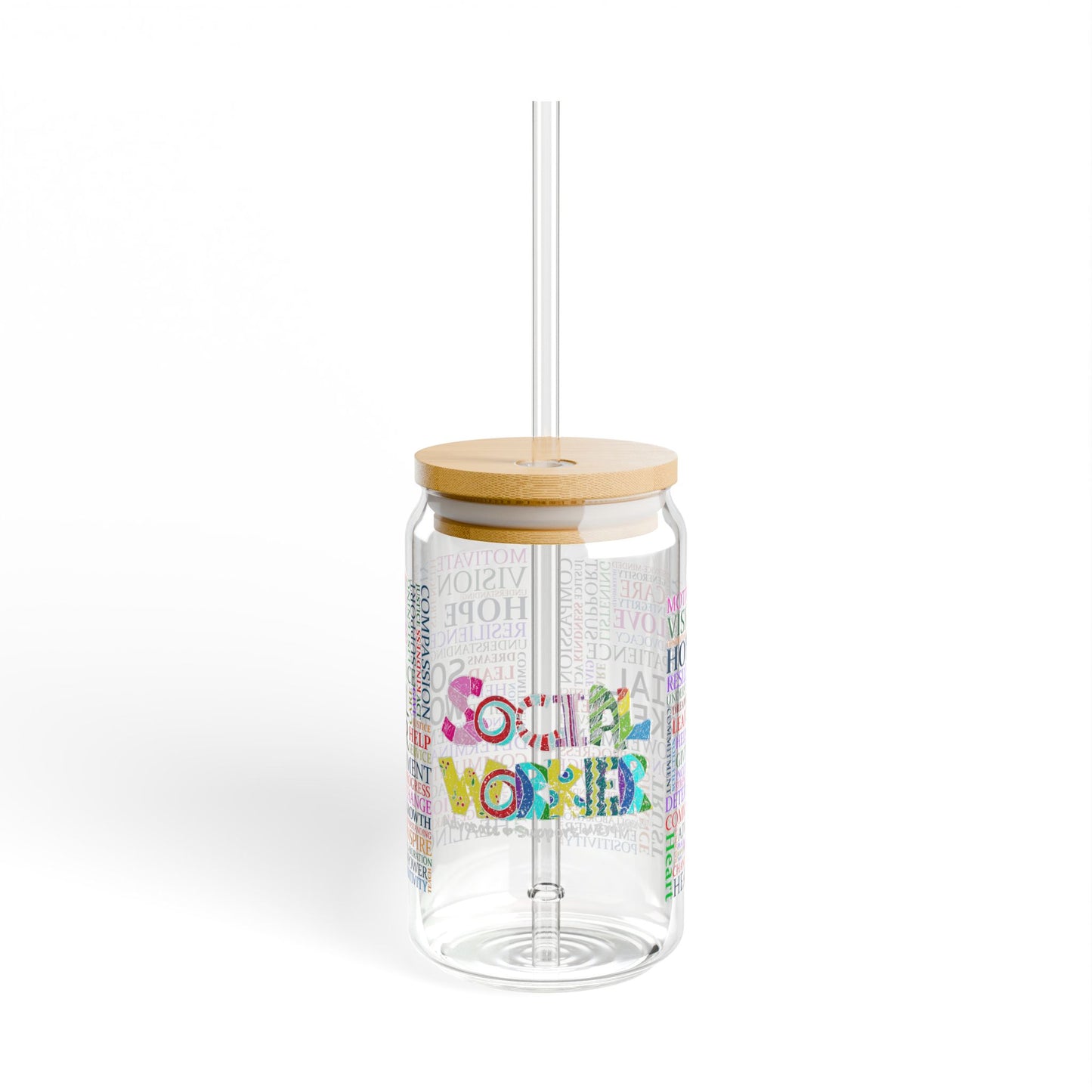 Social Worker 16oz Glass Sipper — Inspirational Word Cloud Design