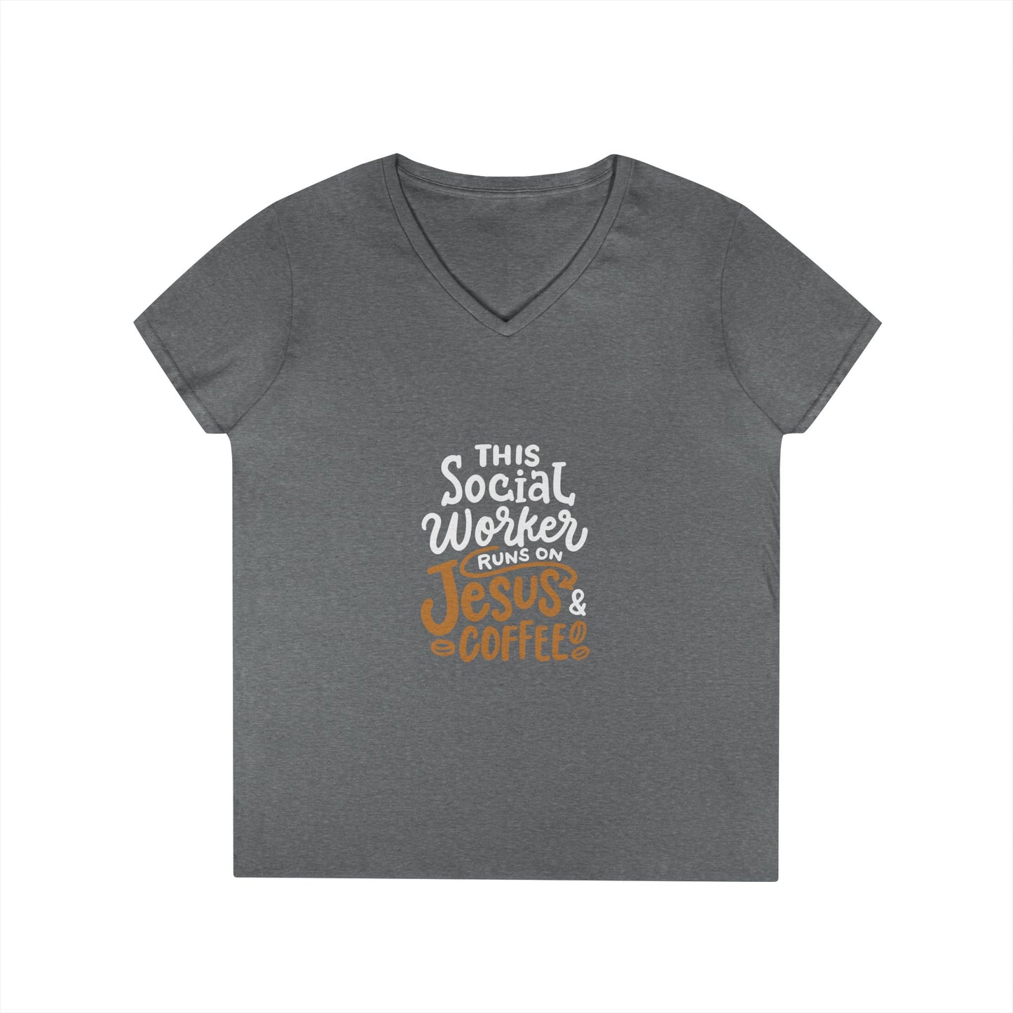 Ladies' V-Neck T-Shirt — "This Social Worker Runs on Jesus & Coffee" Christian Social Worker Tee