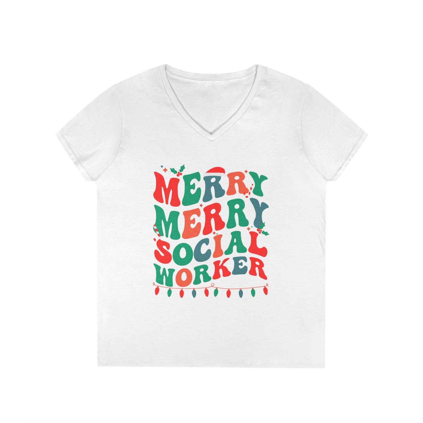 Merry Merry Social Worker V-Neck Tee — Holiday Christmas Shirt for Social Workers