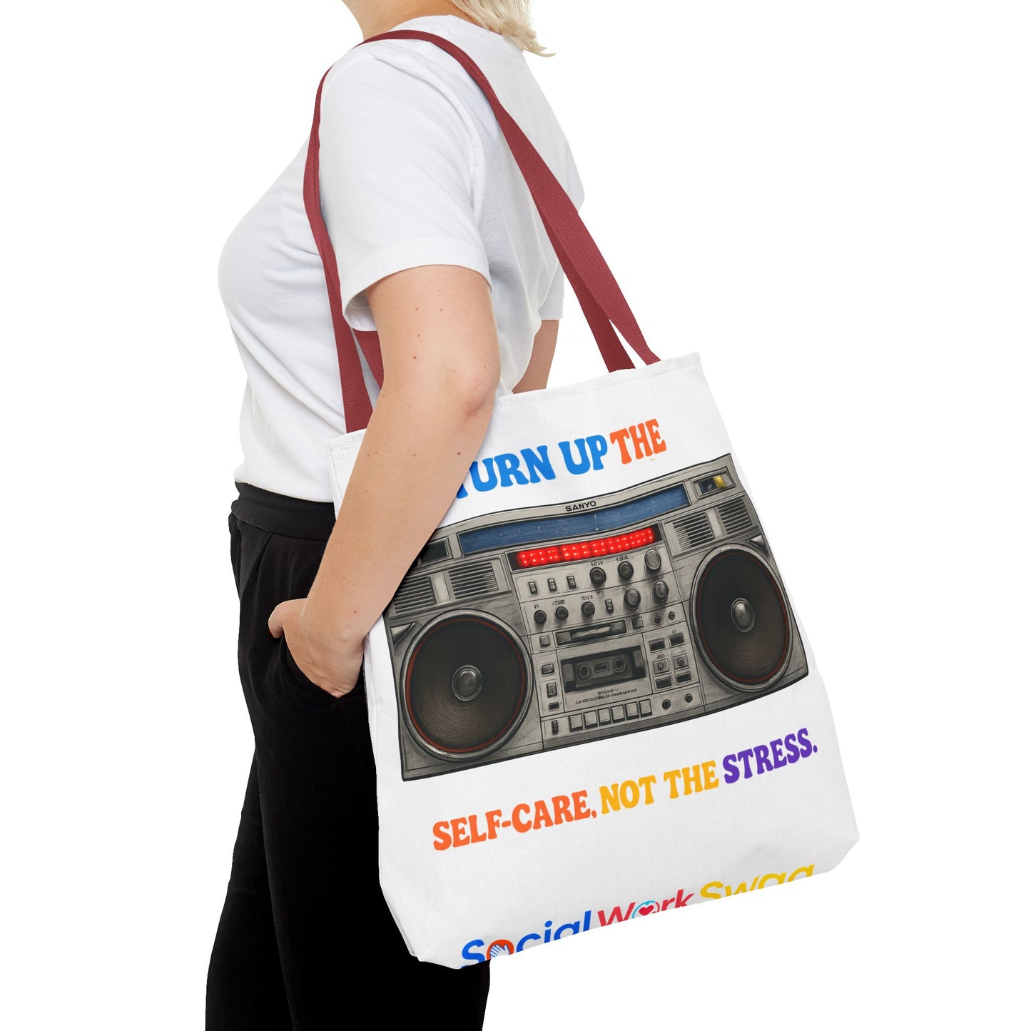 Turn Up the Self-Care Tote Bag — Retro Boombox 'Self-Care, Not the Stress' (Mental Health/Social Worker)