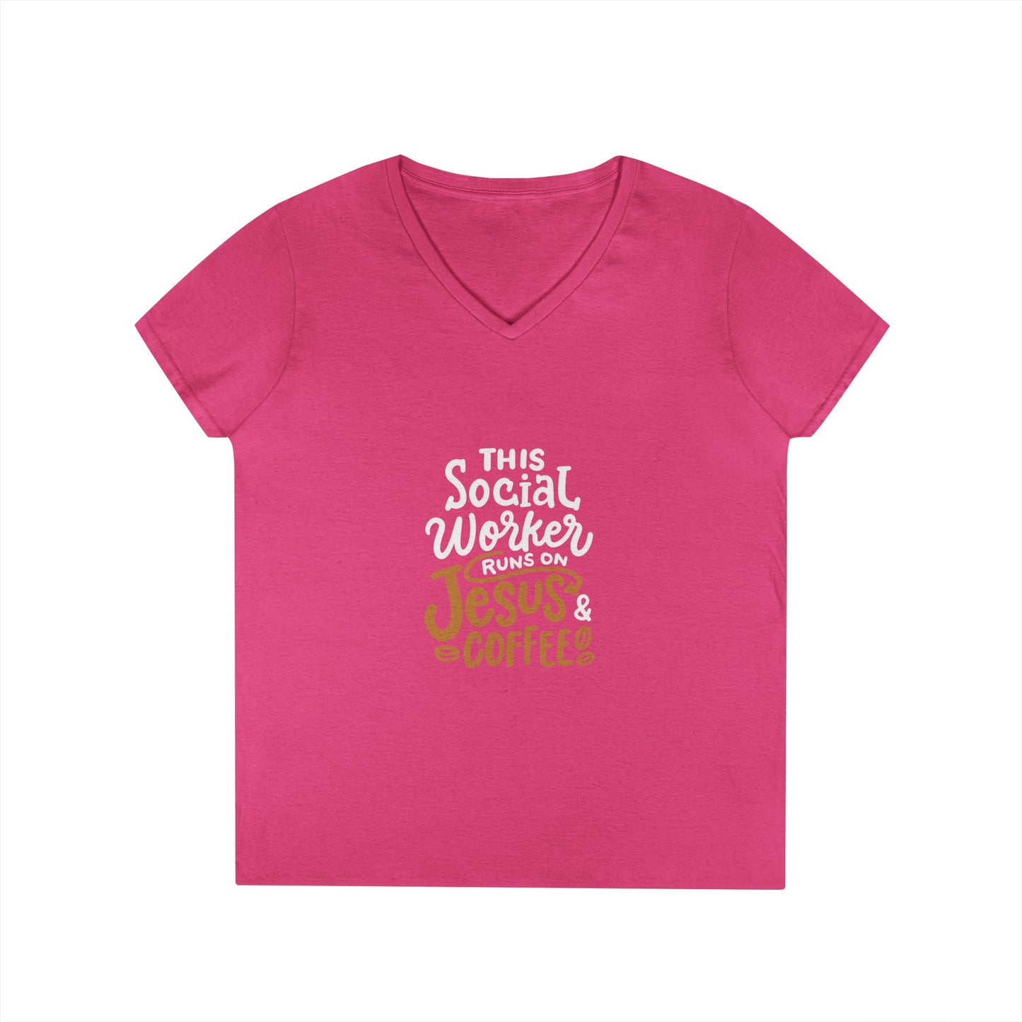 Ladies' V-Neck T-Shirt — "This Social Worker Runs on Jesus & Coffee" Christian Social Worker Tee
