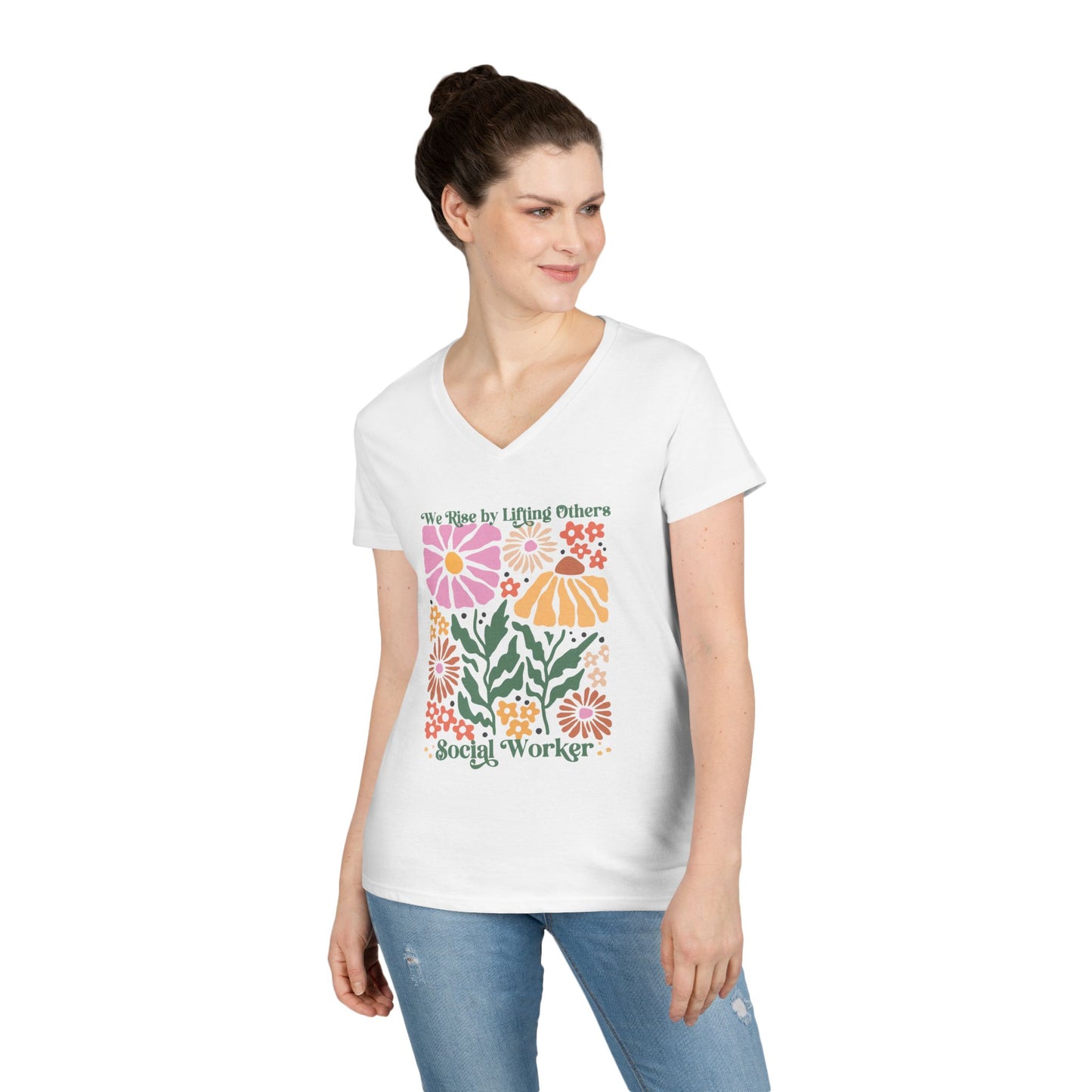 Social Worker Floral V-Neck T-Shirt — "She Chooses to Uplift Others"