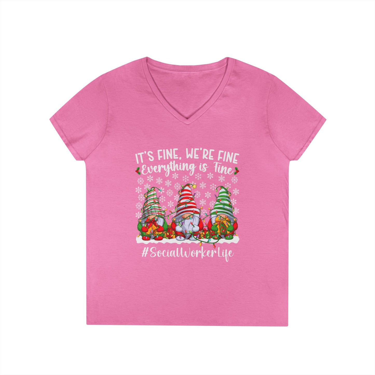 Social Worker Life Christmas V-Neck Tee — "It's Fine, We're Fine" Gnome Holiday Shirt