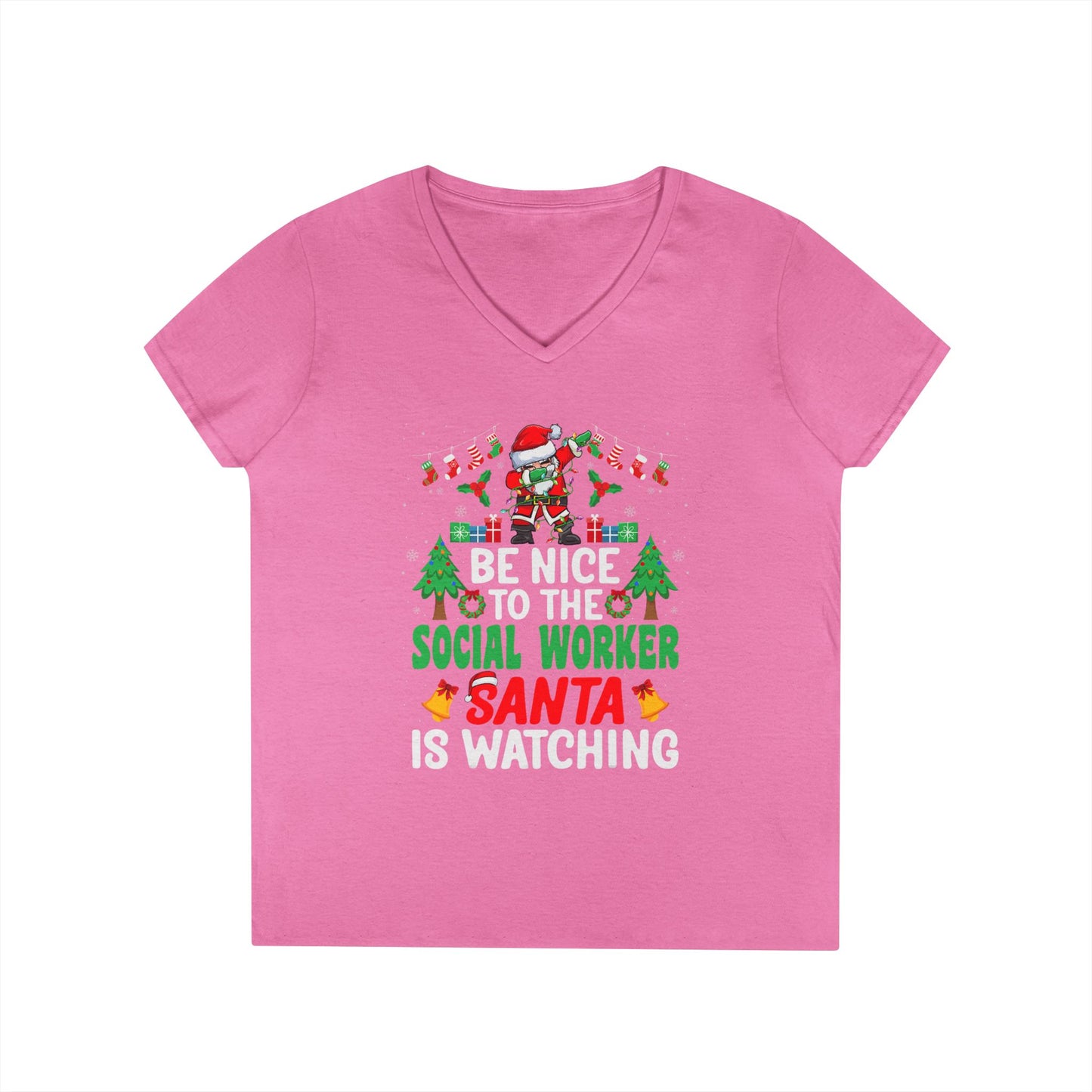 Social Worker Christmas V-Neck Tee — "Be Nice to the Social Worker Santa Is Watching"