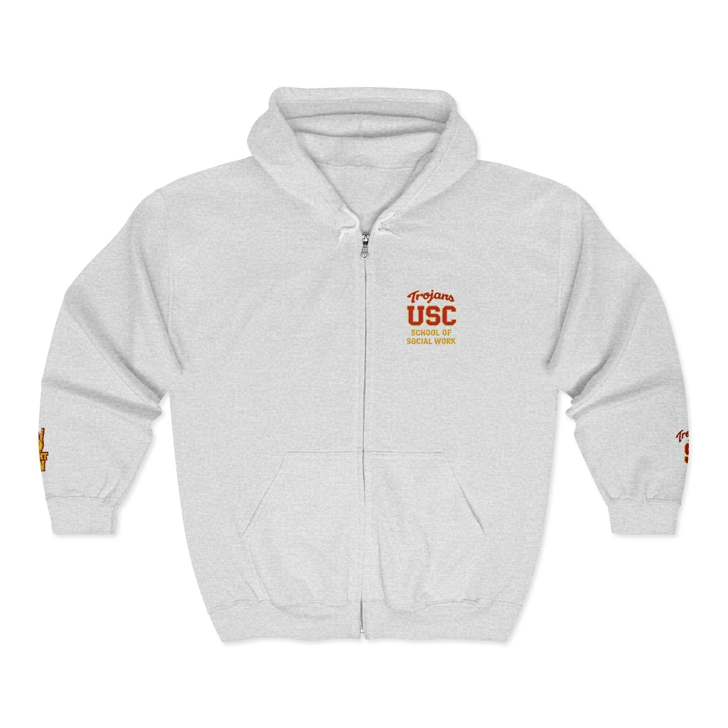 USC School of Social Work- Full-Zip Hoodie – Chest & Sleeve Logo Zip-Up Sweatshirt