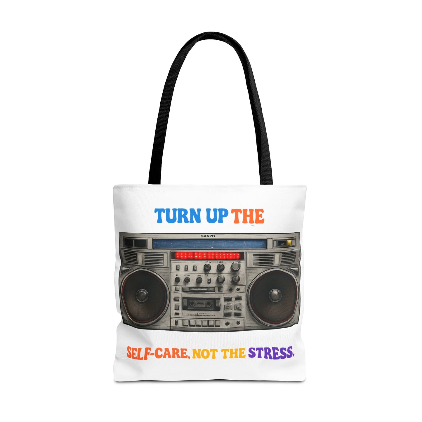 Turn Up the Self-Care Tote Bag — Retro Boombox 'Self-Care, Not the Stress' (Mental Health/Social Worker)