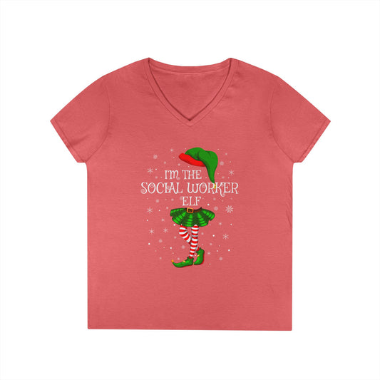 Social Worker Elf V-Neck T-Shirt — Christmas Holiday Tee for Social Workers