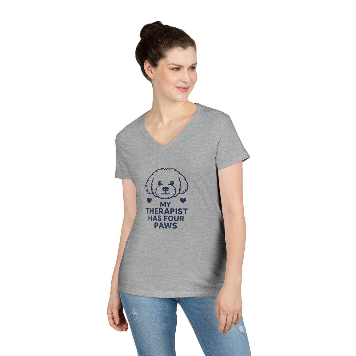 Dog Lover V-Neck Pet Tee — “My Therapist Has Four Paws” Women’s T‑Shirt