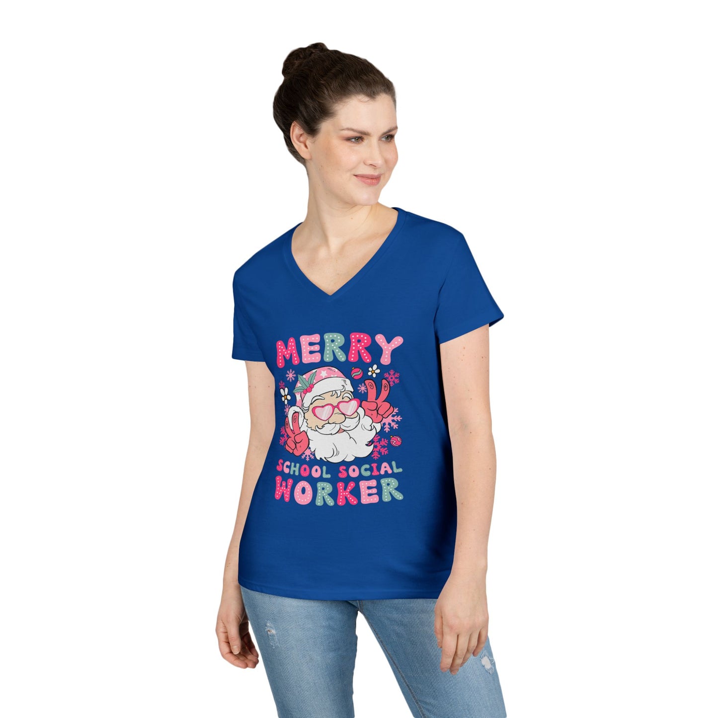 Merry School Social Worker V-Neck Tee — Cute Santa Holiday Shirt for Female Educators